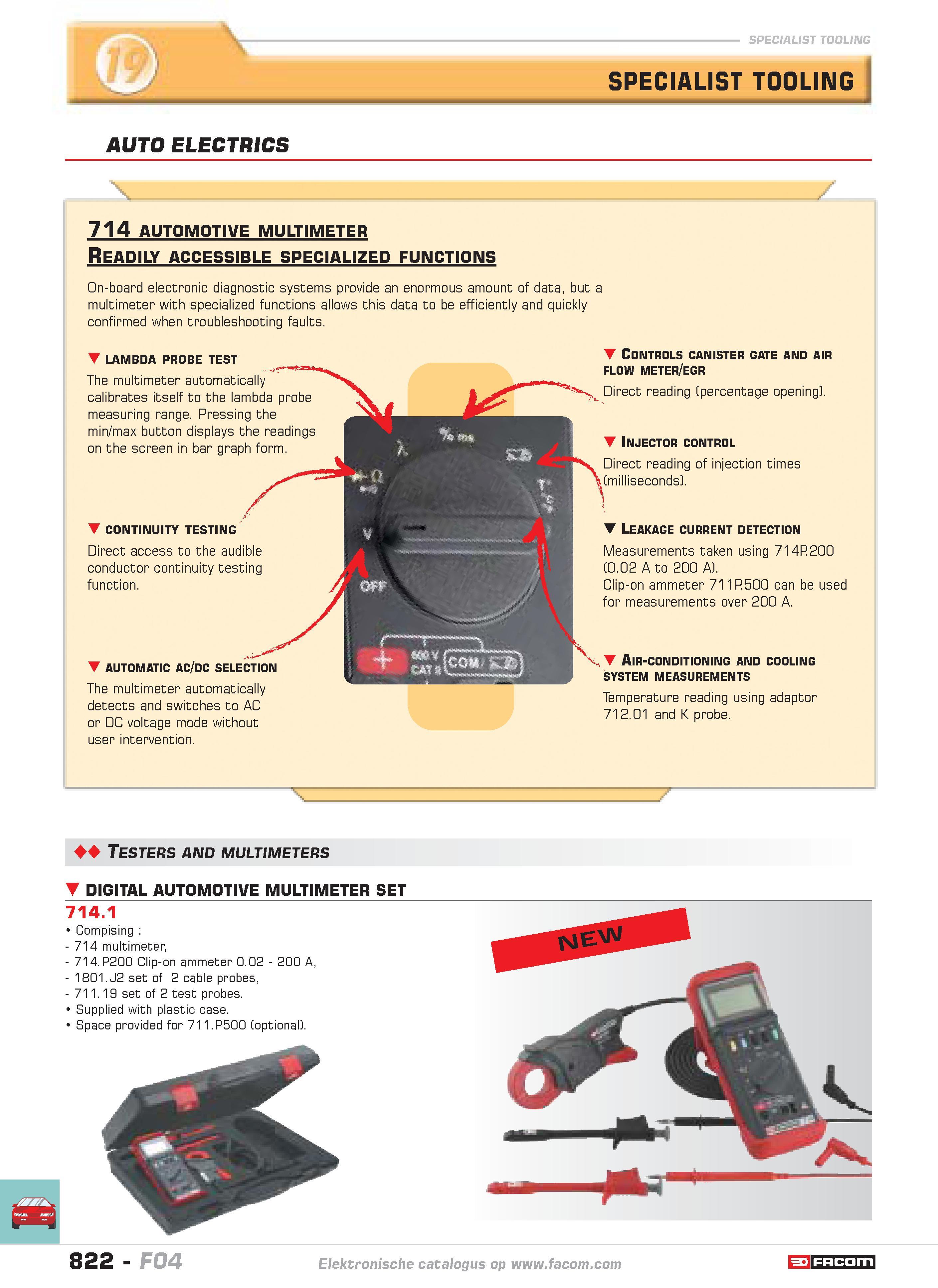 819 SPECIALIST TOOLING SPECIALIST TOOLING AUTO ELECTRICS 714 AUTOMOTIVE MULTIMETER Readily accessible specialized functions On-board electronic diagn Каталог FACOM 2005 Профессиональный ручной инструмент и специальное оборудование для предприятий и мастерских Стр. 822 ENG