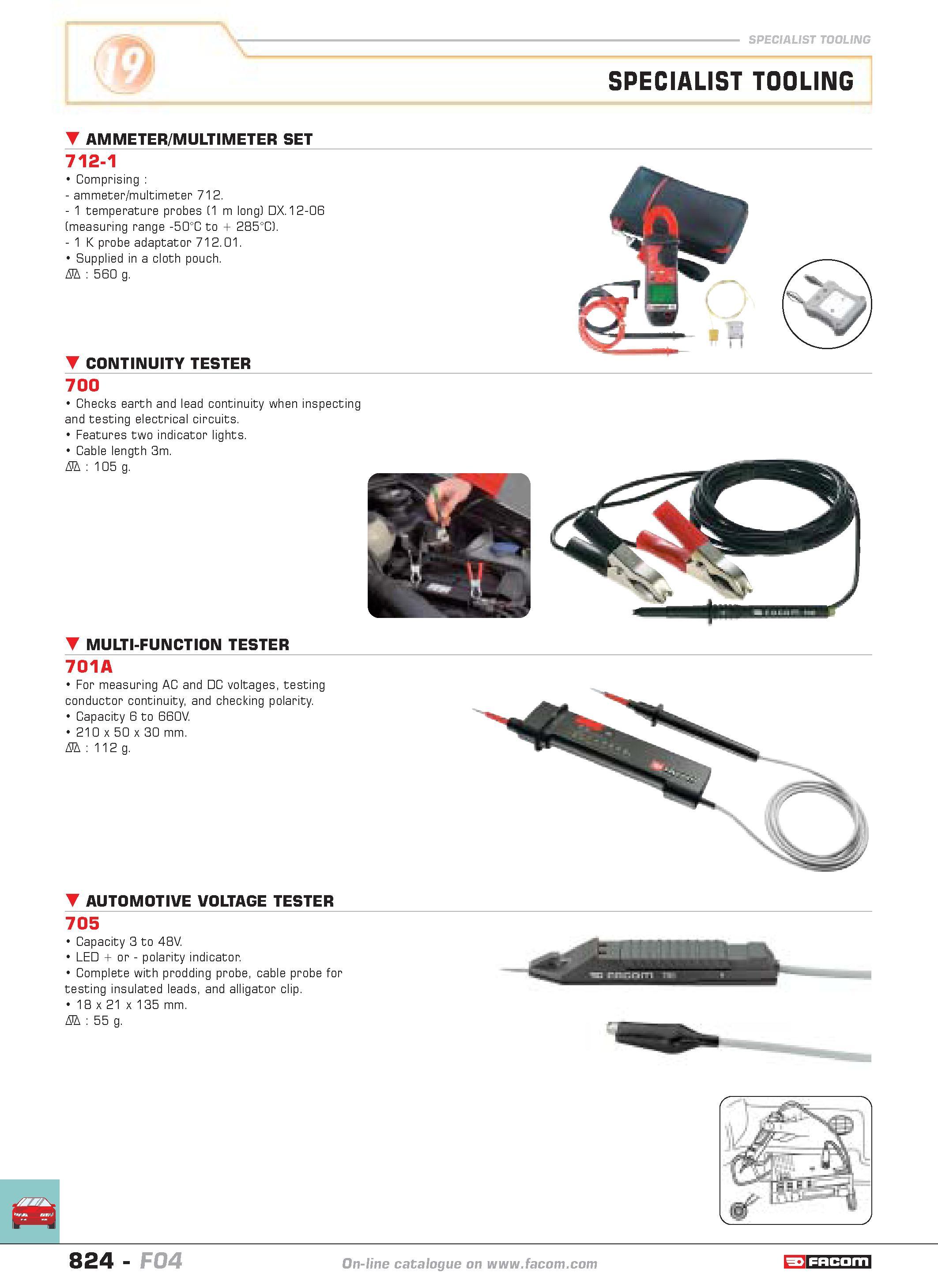 821 SPECIALIST TOOLING SPECIALIST TOOLING AMMETER MULTIMETER SET 712-1 Comprising ammeter multimeter 712 1 temperature probes (1 m long) DX 12-06 (me Каталог FACOM 2005 Профессиональный ручной инструмент и специальное оборудование для предприятий и мастерских Стр. 824 ENG