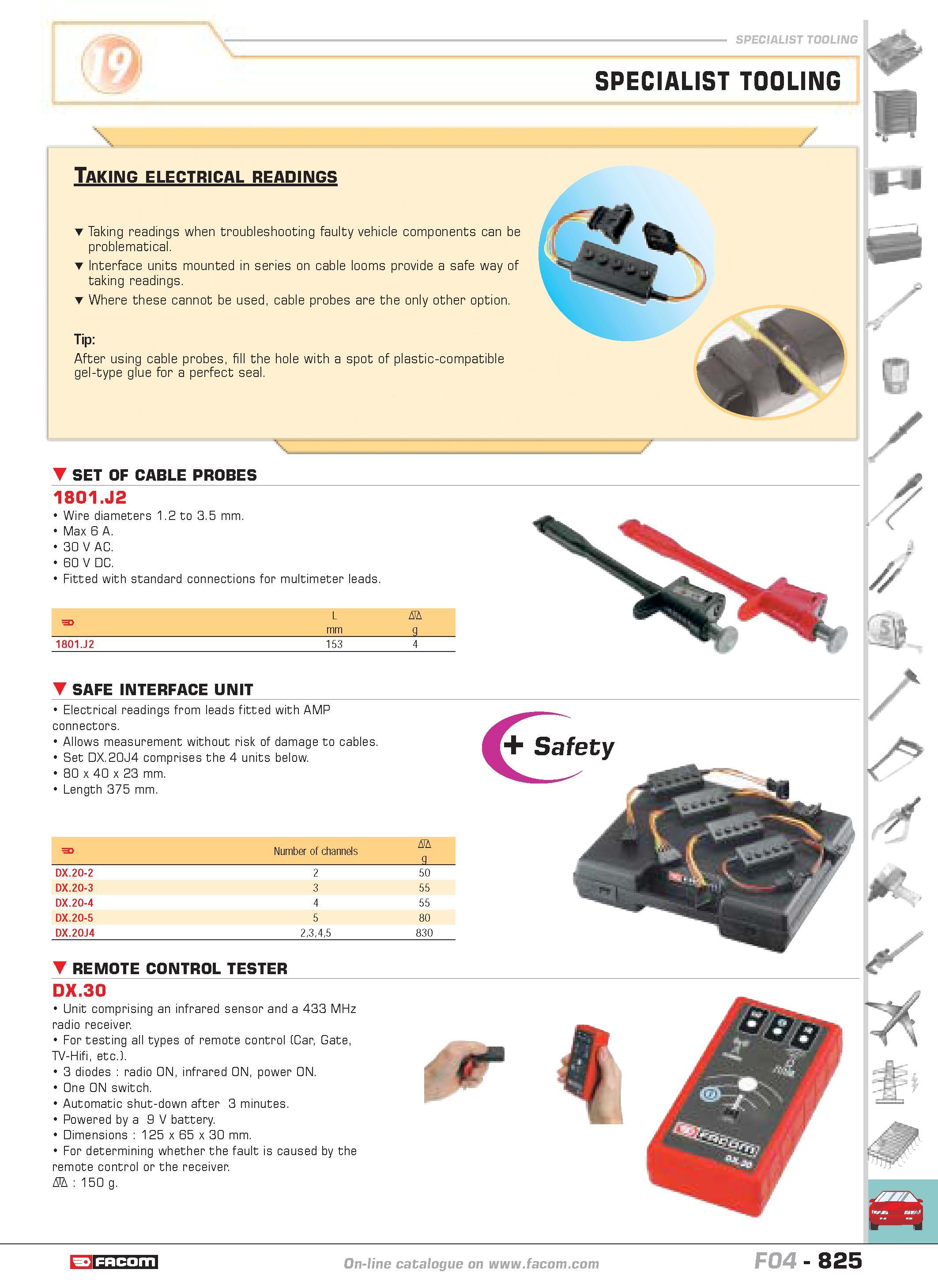 822 SPECIALIST TOOLING SPECIALIST TOOLING Taking electrical readings Taking readings when troubleshooting faulty vehicle components can be problemati Каталог FACOM 2005 Профессиональный ручной инструмент и специальное оборудование для предприятий и мастерских Стр. 825 ENG