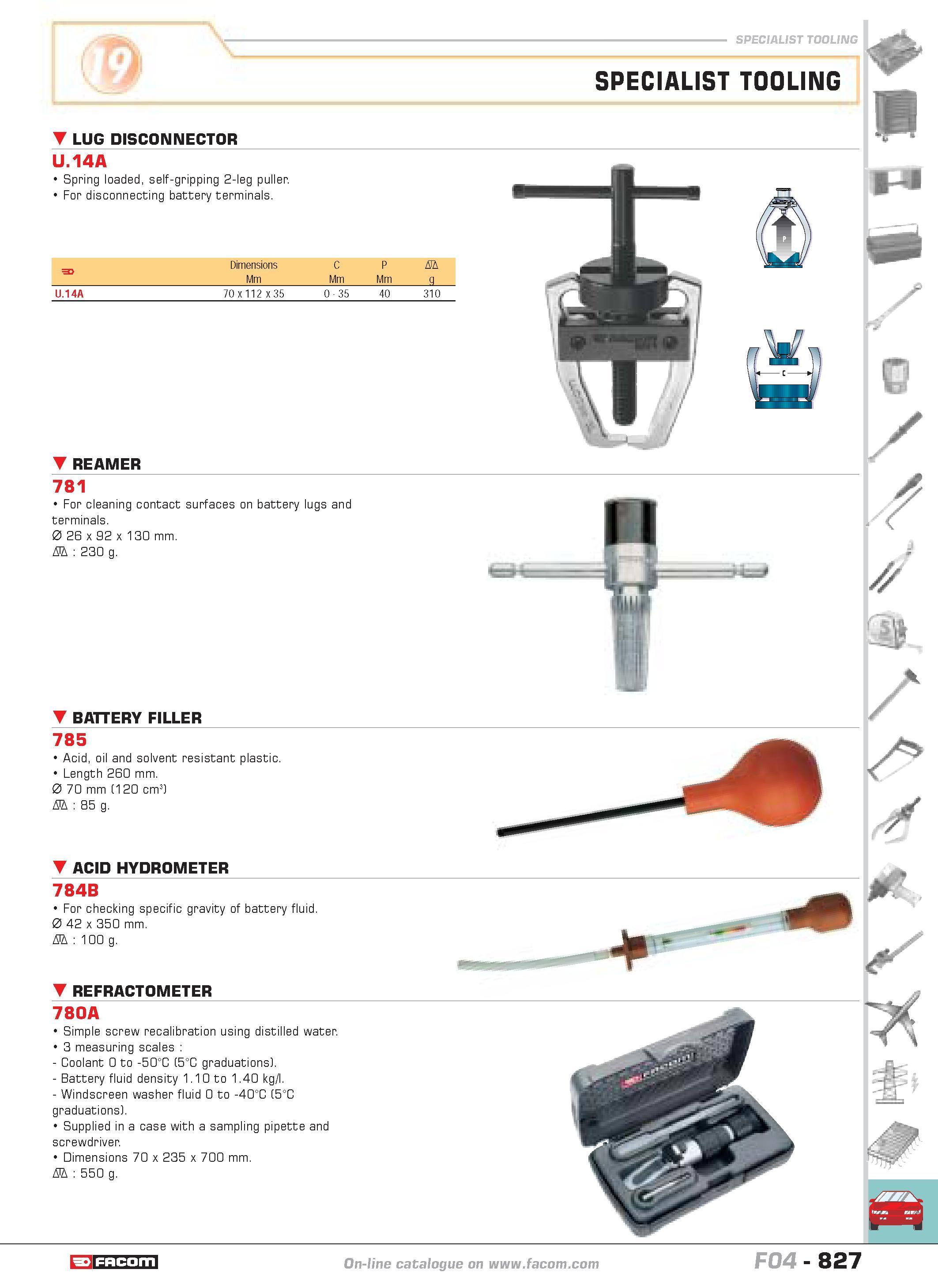 824 SPECIALIST TOOLING SPECIALIST TOOLING LUG DISCONNECTOR U 14A Spring loaded self-gripping 2-leg puller For disconnecting battery terminals Dimensi Каталог FACOM 2005 Профессиональный ручной инструмент и специальное оборудование для предприятий и мастерских Стр. 827 ENG