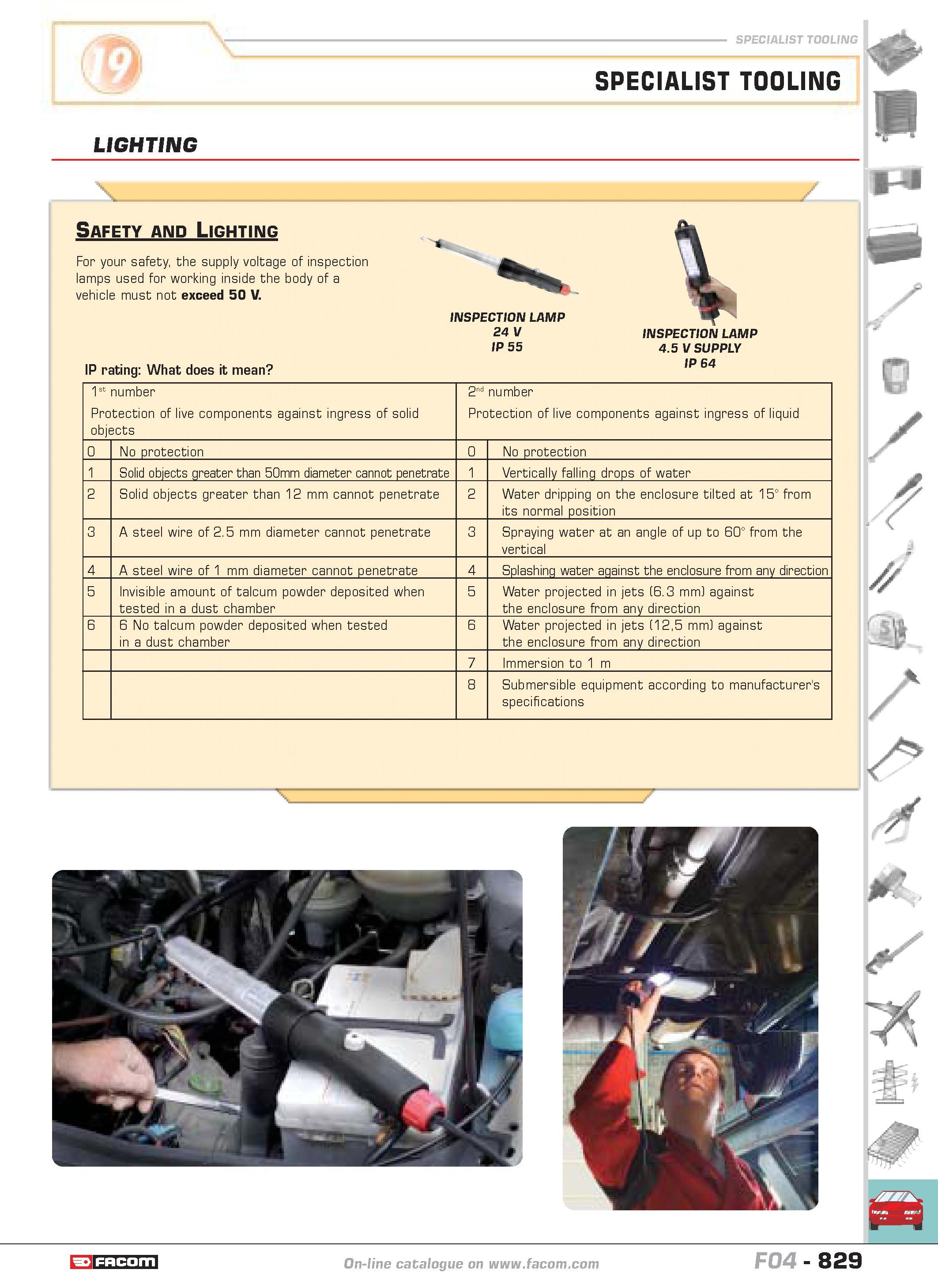 826 SPECIALIST TOOLING SPECIALIST TOOLING LIGHTING Safety and Lighting For your safety the supply voltage of inspection lamps used for working inside Каталог FACOM 2005 Профессиональный ручной инструмент и специальное оборудование для предприятий и мастерских Стр. 829 ENG