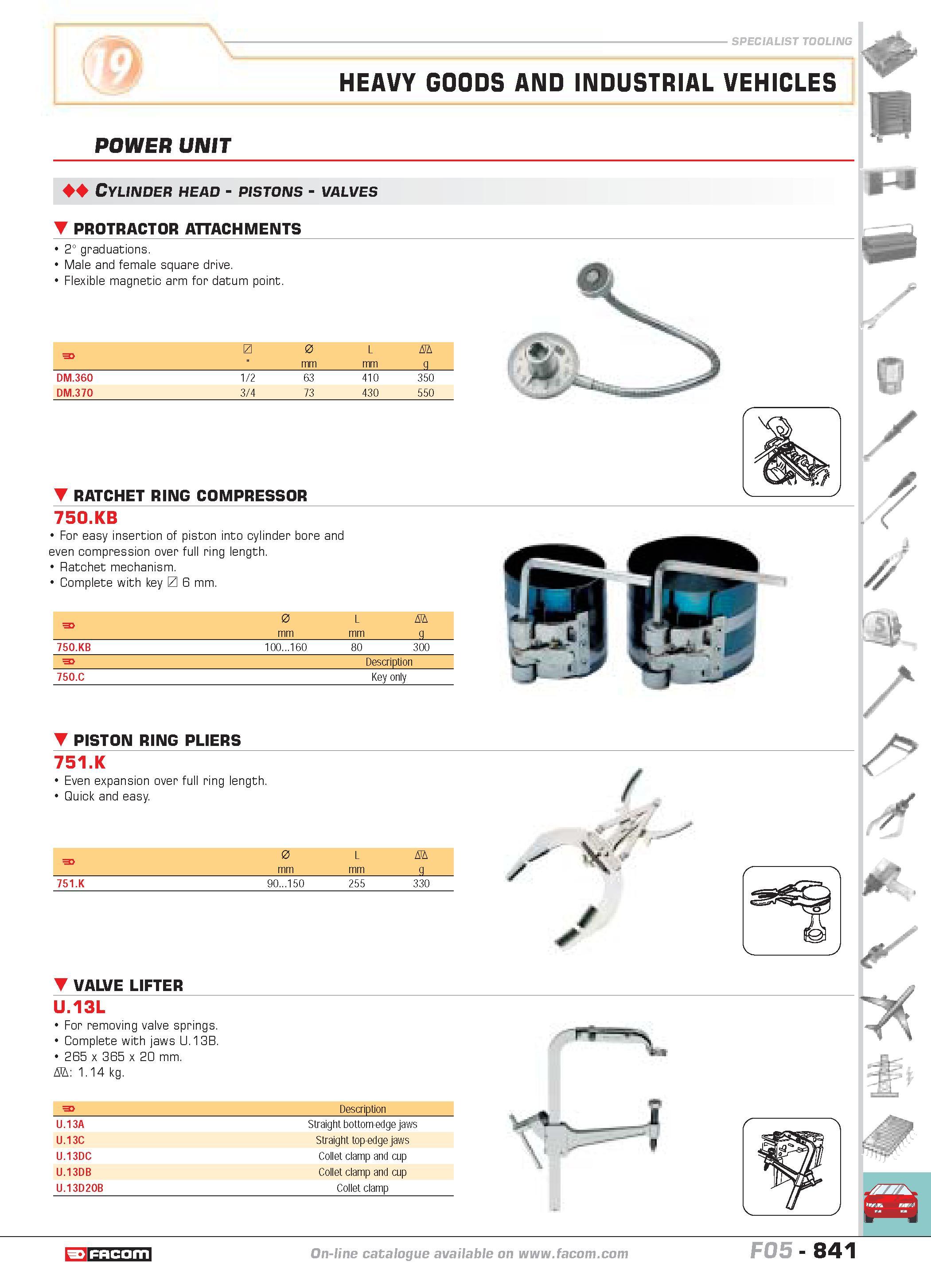 838 SPECIALIST TOOLING HEAVY GOODS AND INDUSTRIAL VEHICLES POWER UNIT 44 Cylinder head pistons valves PROTRACTOR ATTACHMENTS 2 graduations Male and f Каталог FACOM 2005 Профессиональный ручной инструмент и специальное оборудование для предприятий и мастерских Стр. 841 ENG