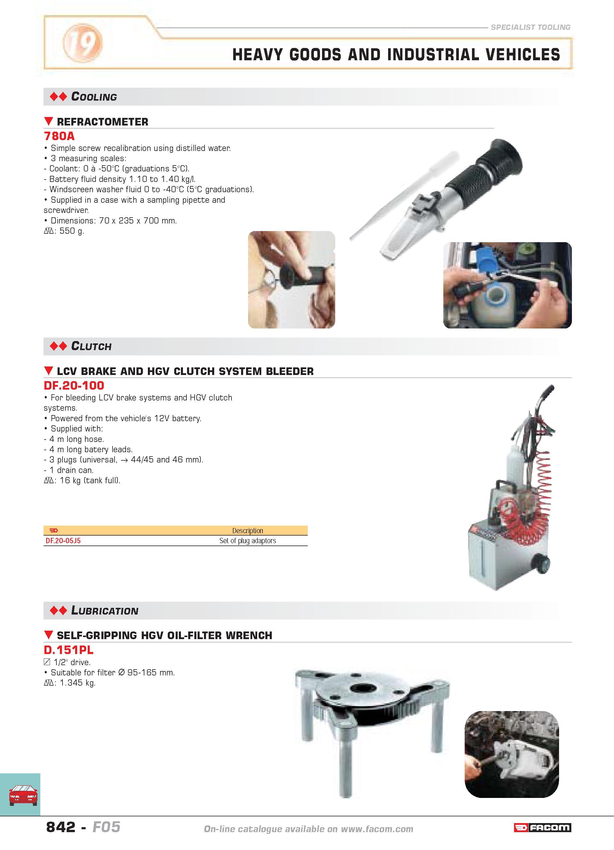 839 SPECIALIST TOOLING HEAVY GOODS AND INDUSTRIAL VEHICLES 44 Cooling REFRACTOMETER 780A Simple screw recalibration using distilled water 3 measuring Каталог FACOM 2005 Профессиональный ручной инструмент и специальное оборудование для предприятий и мастерских Стр. 842 ENG