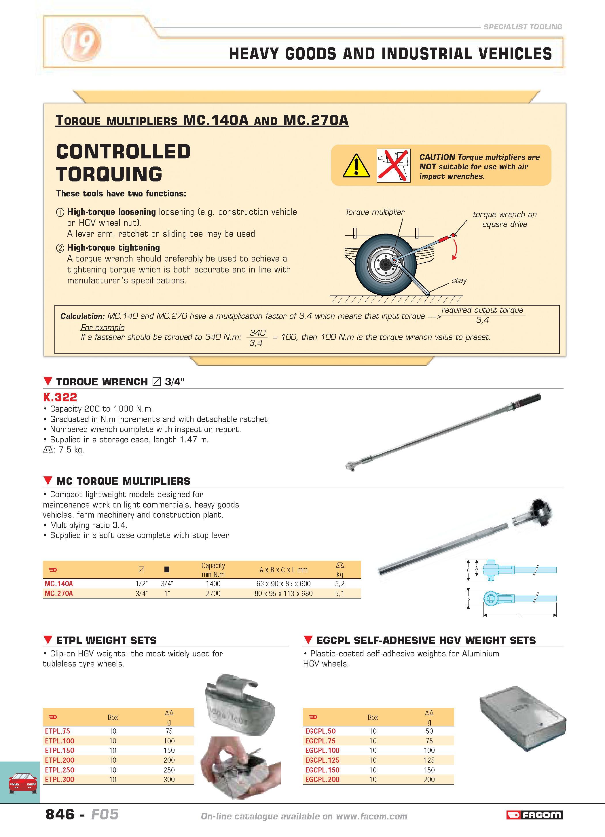 843 SPECIALIST TOOLING HEAVY GOODS AND INDUSTRIAL VEHICLES Torque multipliers MC 140A and MC 270A CONTROLLED TORQUING These tools have two functions Каталог FACOM 2005 Профессиональный ручной инструмент и специальное оборудование для предприятий и мастерских Стр. 846 ENG