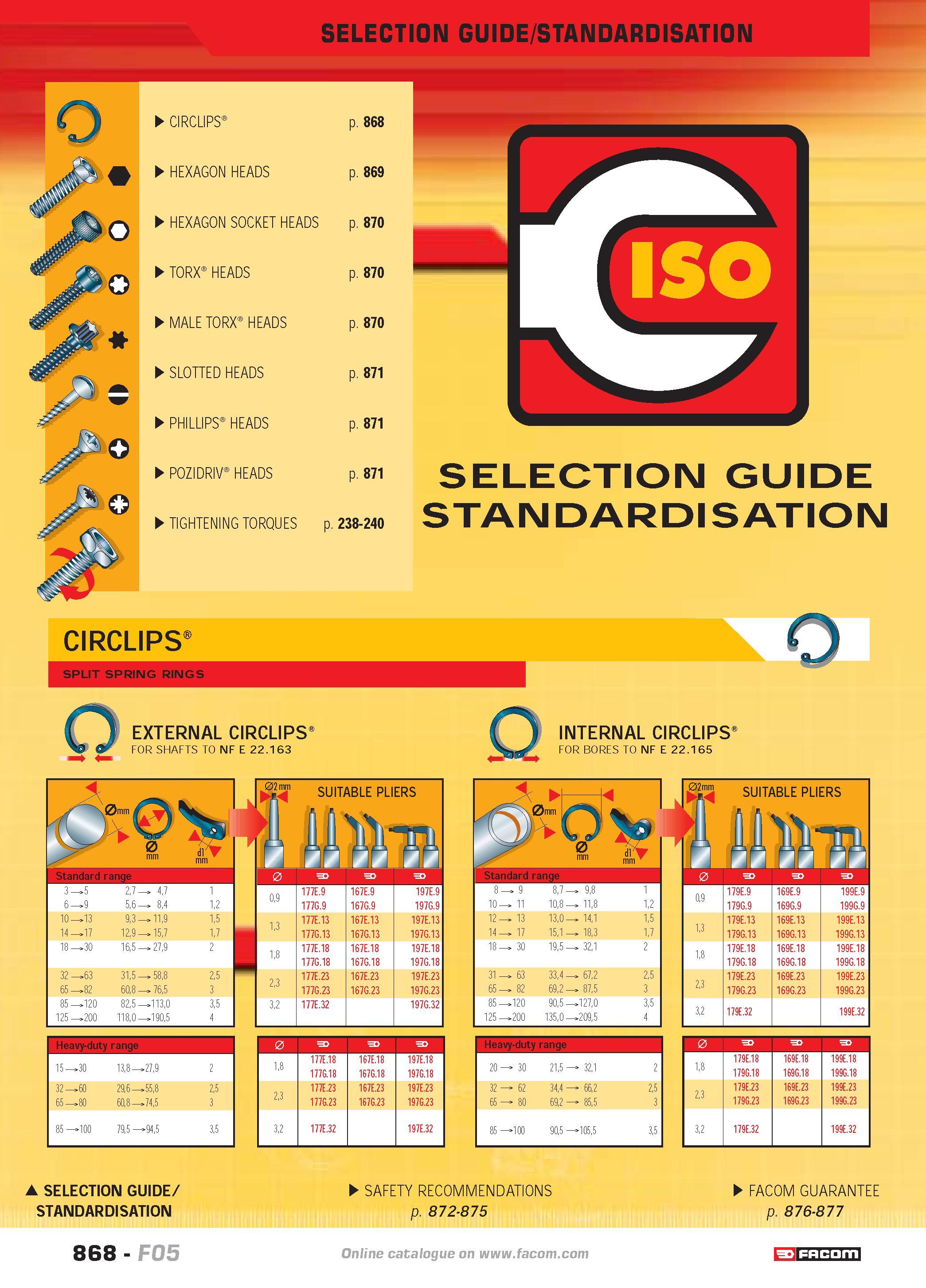 865 SELECTION GUIDE STANDARDISATION CIRCLIPS p 868 HEXAGON HEADS p 869 HEXAGON SOCKET HEADS p 870 TORX HEADS p 870 MALE TORX HEADS p 870 SLOTTED HEAD Каталог FACOM 2005 Профессиональный ручной инструмент и специальное оборудование для предприятий и мастерских Стр. 868 ENG