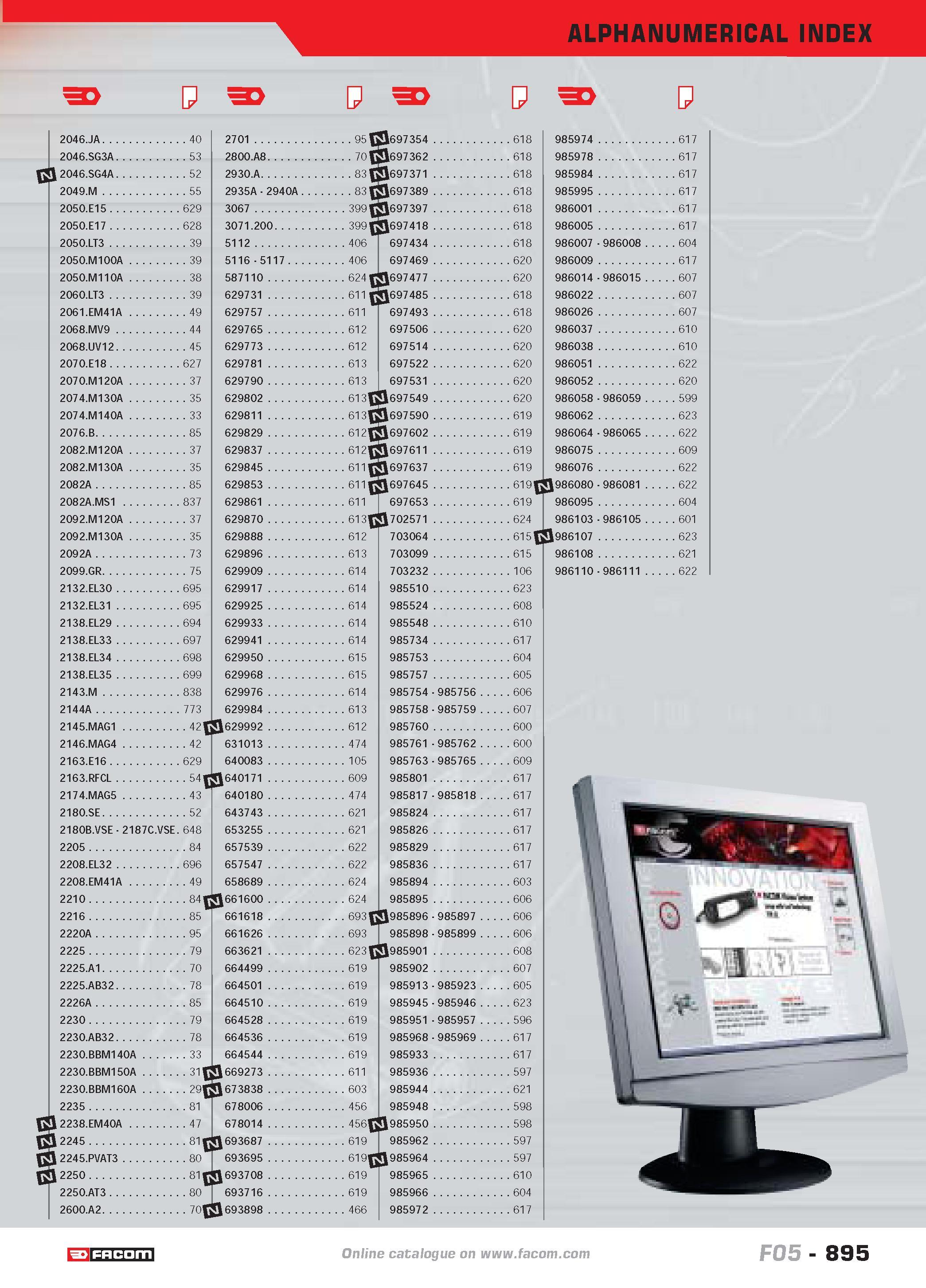 895 ALPHANUMERICAL INDEX 2046 JA 40 2046 SG3A 53 2046 SG4A 52 2049 M 55 2050 E1 5 629 2050 E17 628 2050 LT3 39 2050 M100A 39 2050 M110A 38 2060 LT 3 Каталог FACOM 2005 Профессиональный ручной инструмент и специальное оборудование для предприятий и мастерских Стр. 895 ENG