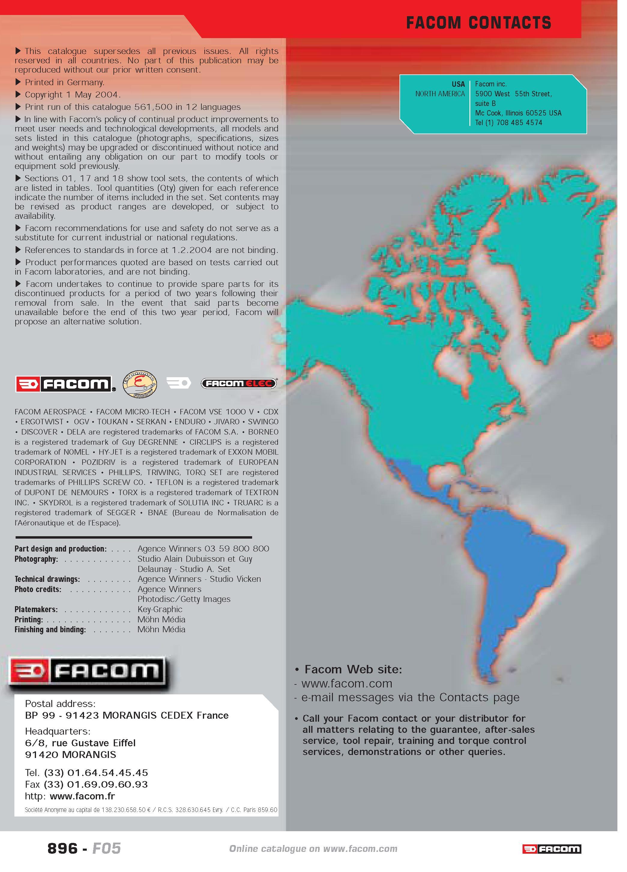 896 FACOM CONTACTS This catalogue supersedes all previous issues All rights reserved in all countries No part of this publication may be reproduced w Каталог FACOM 2005 Профессиональный ручной инструмент и специальное оборудование для предприятий и мастерских Стр. 896 ENG