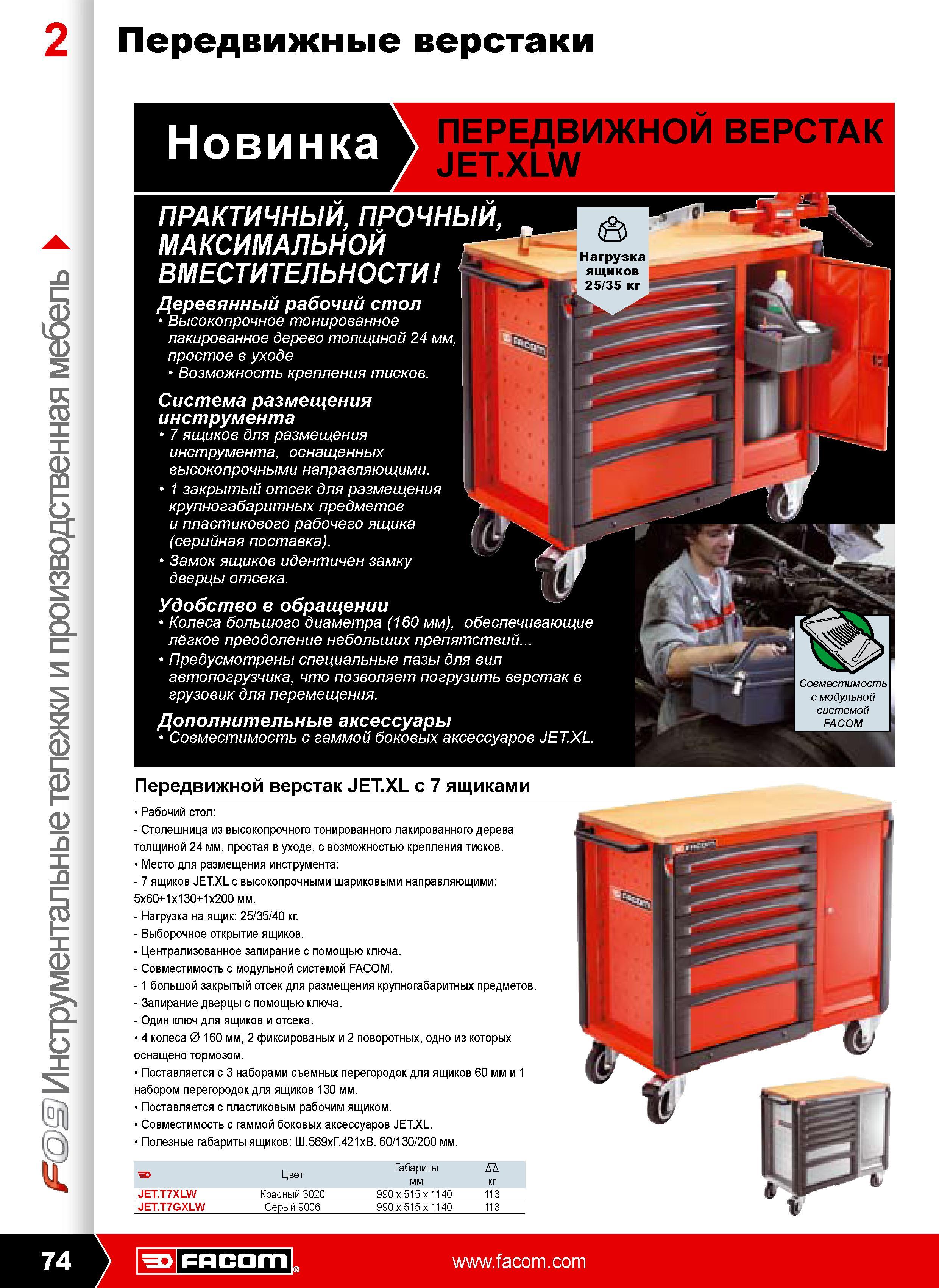 75 Передвижные верстаки Facom JET XL с 7 ящиками с высокопрочными шариковыми направляющими Централизованное запирание с помощью ключа Совместимость с модульной системой Каталог FACOM 2009 Профессиональный ручной инструмент и специальное оборудование для мастерских сервиса и производственных цехов Стр. 74