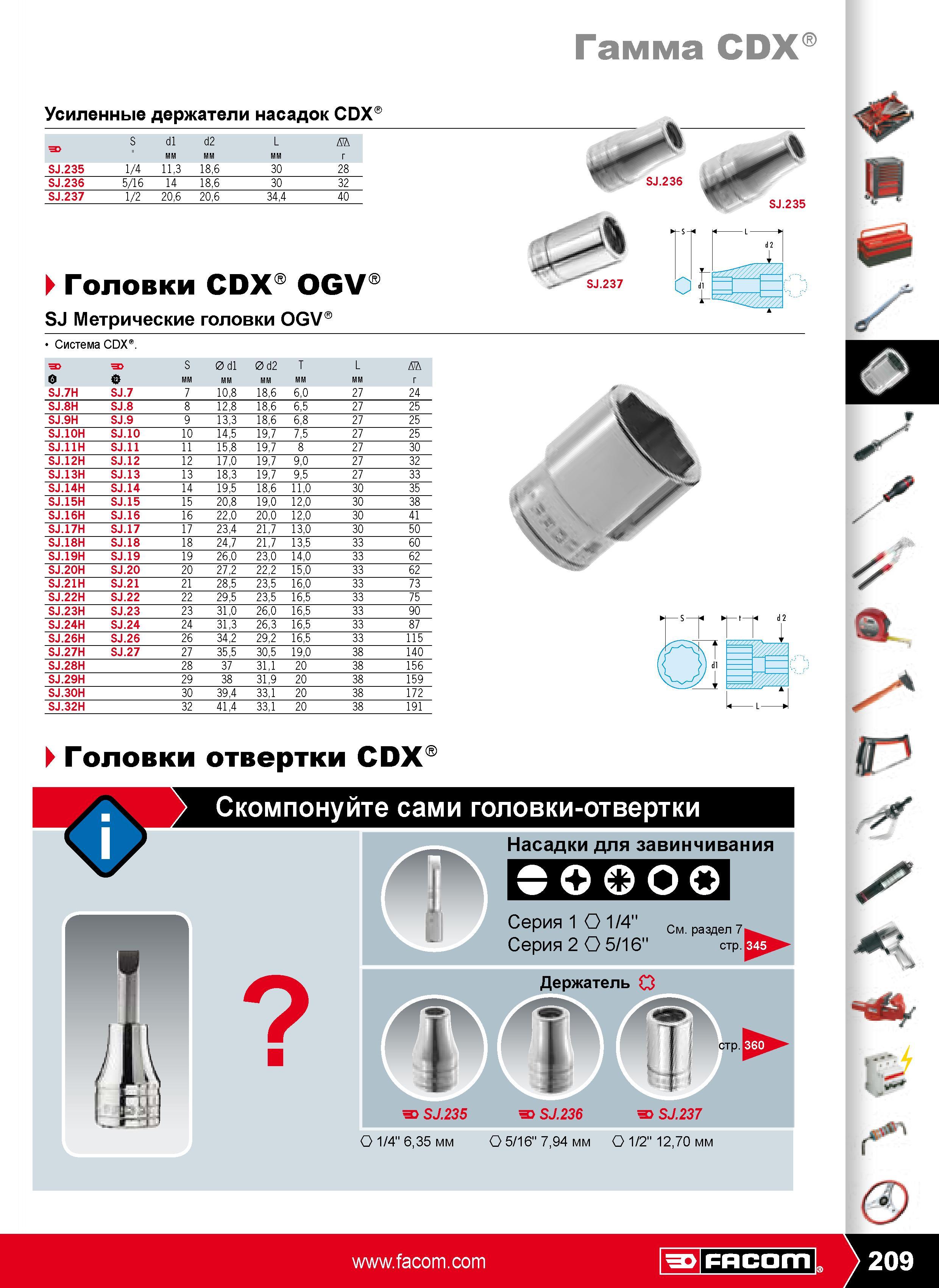 210 Усиленные держатели насадок CDX S d1 d2 L D F мм SJ.235 1 4 113 186 30 28 SJ.236 5 16 14 186 30 32 SJ.237 1/2 206 206 344 40 Головки CDX OGV SJ Метрические головки Каталог FACOM 2009 Профессиональный ручной инструмент и специальное оборудование для мастерских сервиса и производственных цехов Стр. 209