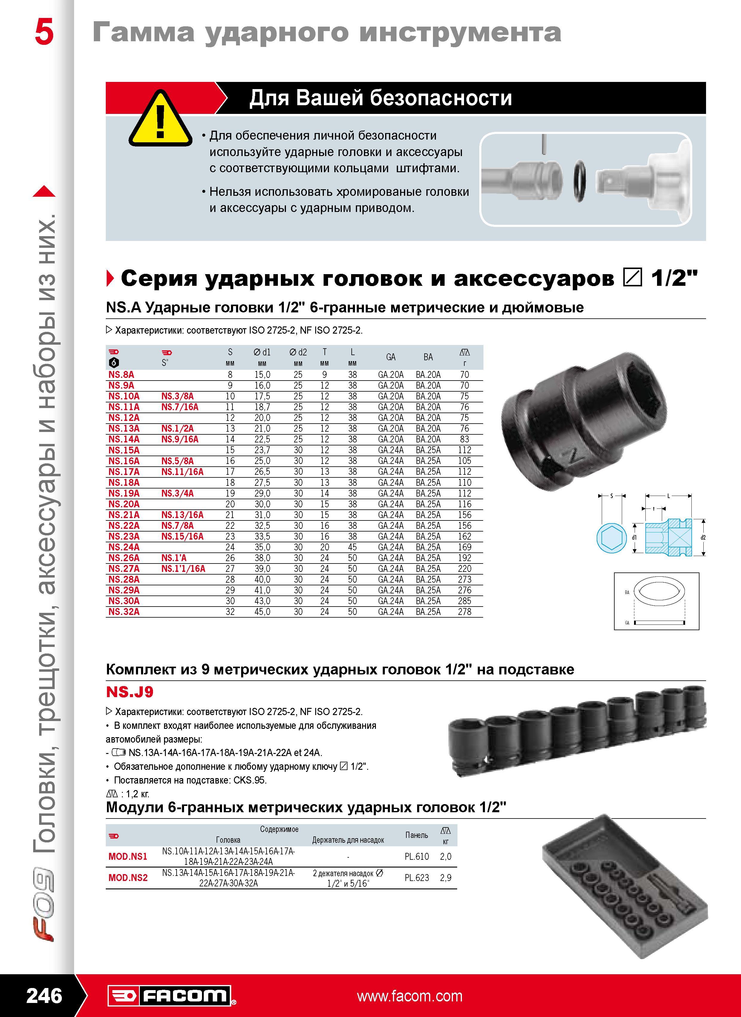 247 Ударные головки 1/2 6-гранные метрические и дюймовые Характеристики соответствуют ISO 2725-2 NF ISO 2725-2 Комплект из 9 метрических ударных головок 1/2 на подставк Каталог FACOM 2009 Профессиональный ручной инструмент и специальное оборудование для мастерских сервиса и производственных цехов Стр. 246