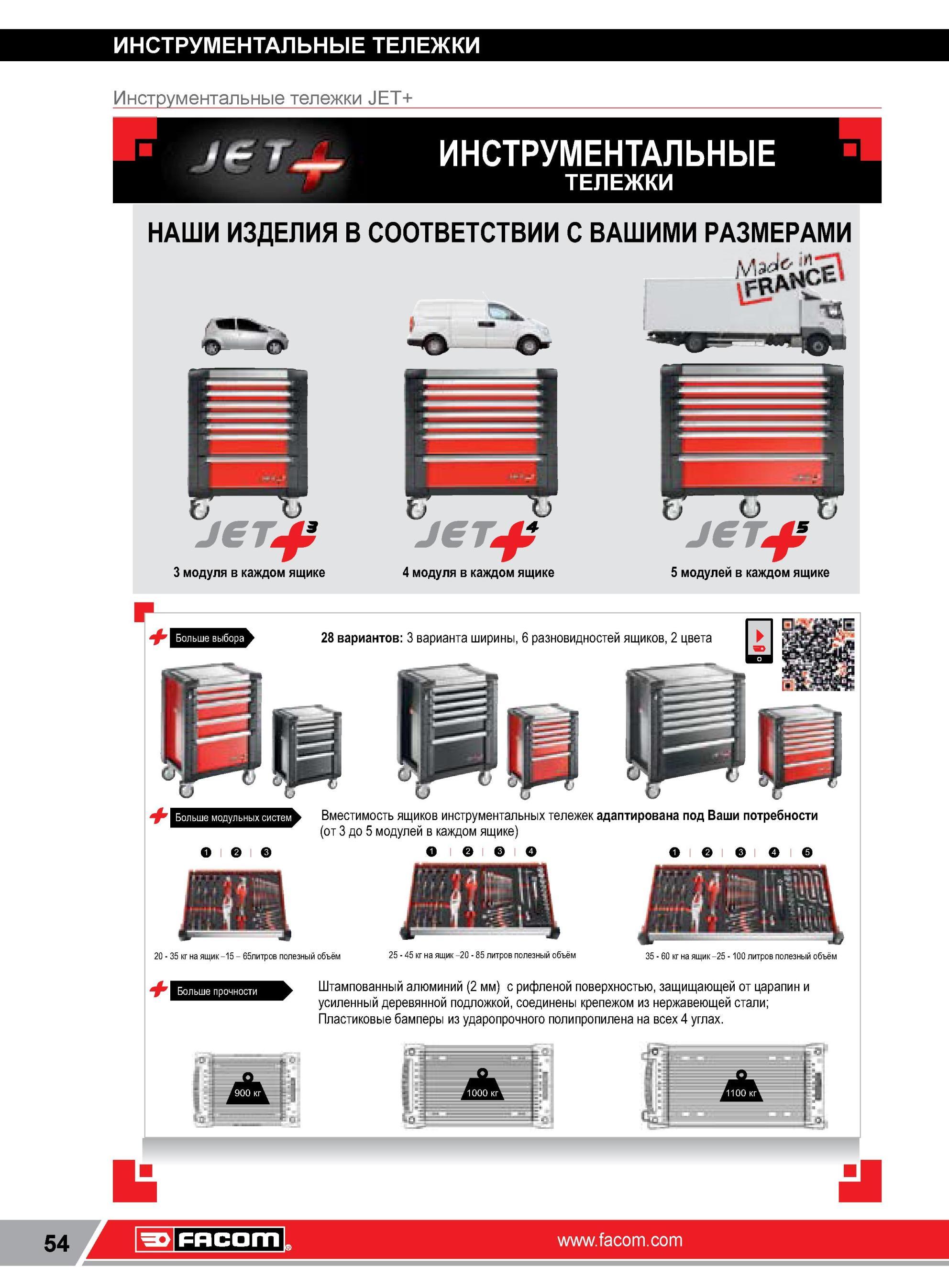 78 Тележки инструментальные Facom модульные с ящиками для различных комплектаций слесарно-монтажного ручного инструмента Общая доступная нагрузка ИНСТРУМ Каталог FACOM 2014 Профессиональный слесарно-монтажный ручной инструмент Стр. 54