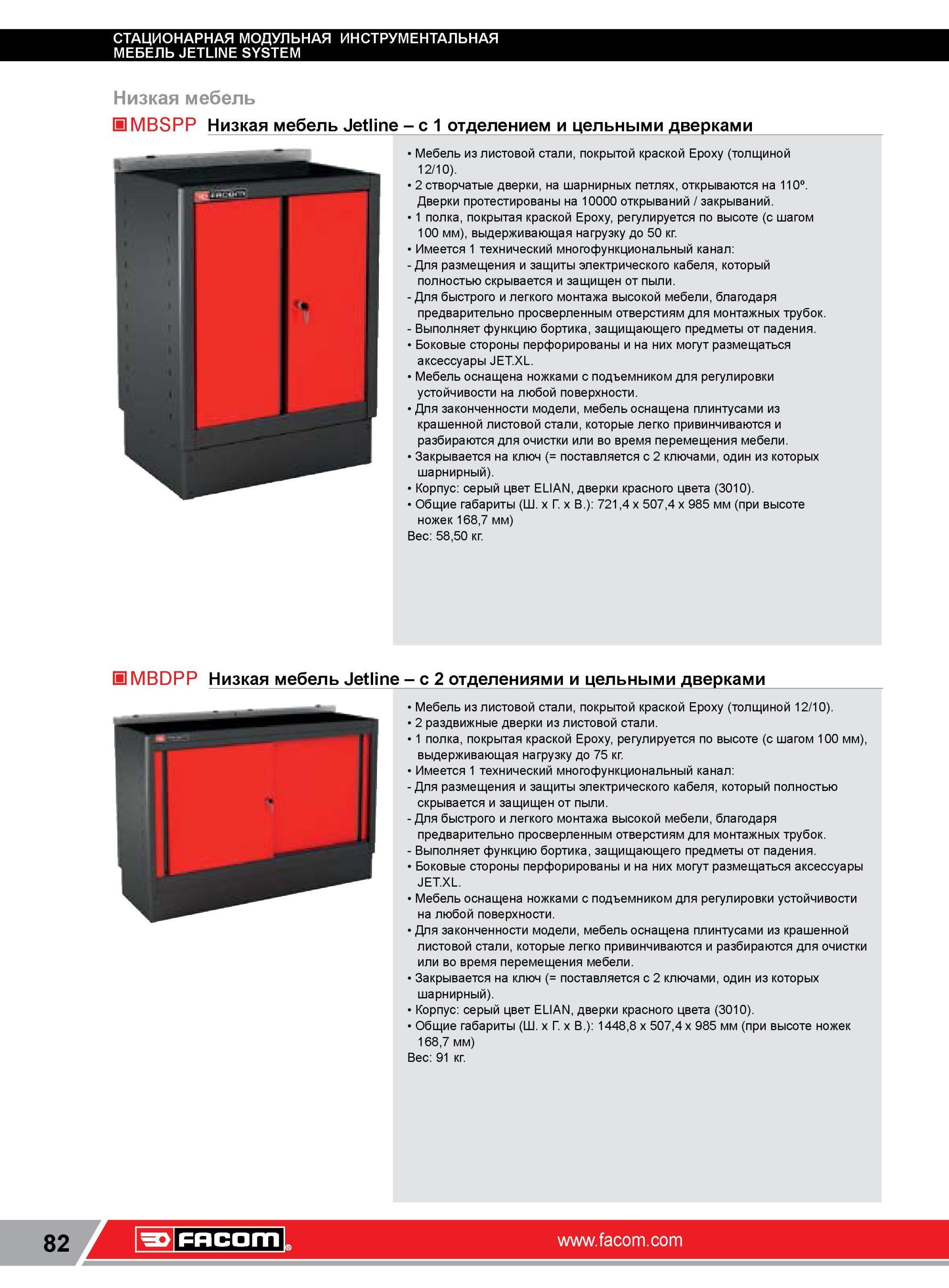 106 Низкая стационарная мебель Facom MBSPP Jetline с 1 отделением и цельными дверками Из листовой стали, покрытой краской Epoxy (толщиной 12/10) Двухствор Каталог FACOM 2014 Профессиональный слесарно-монтажный ручной инструмент Стр. 82