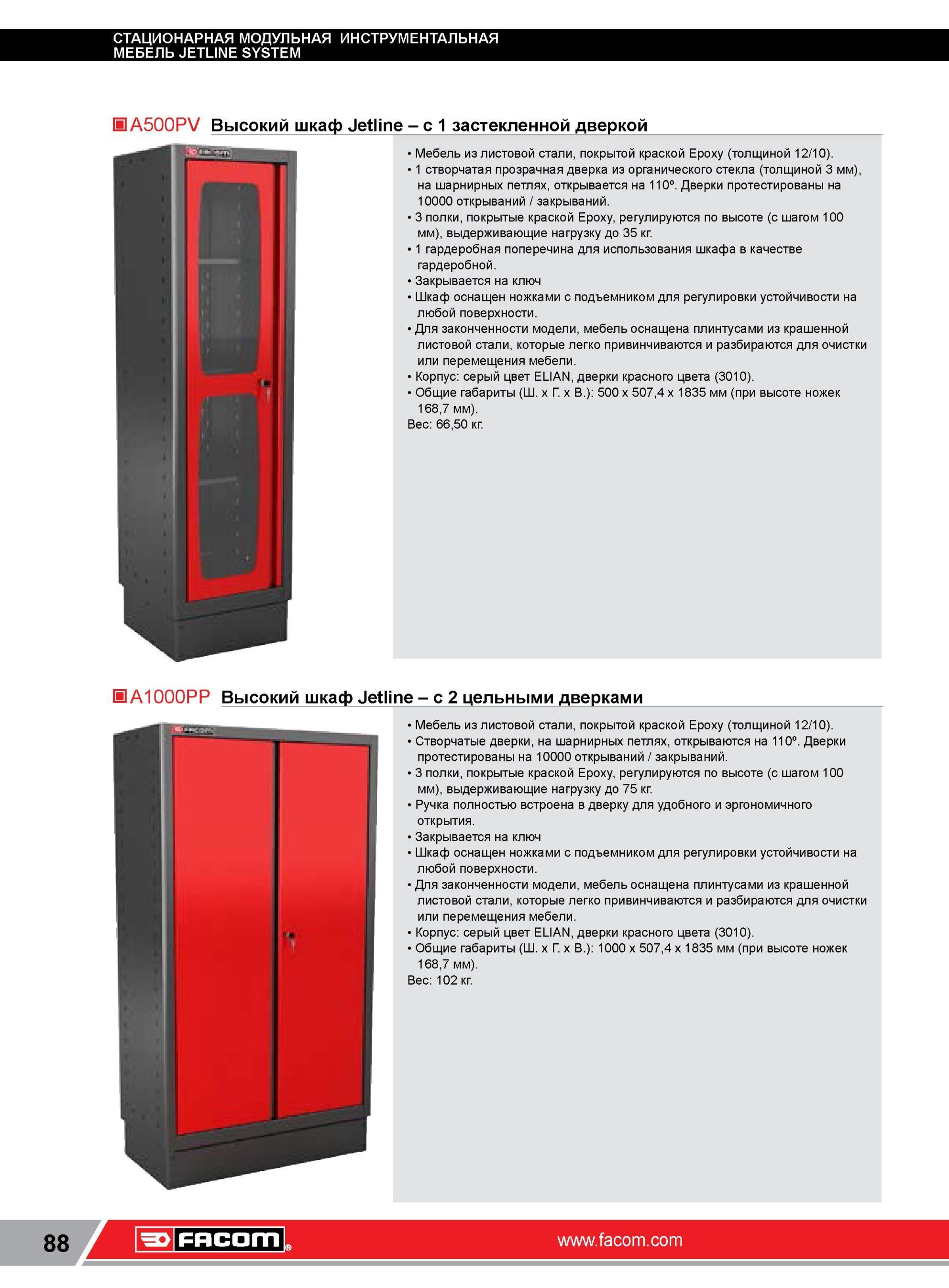 112 Инструментальный шкаф Facom Jetline из листовой стали Закрывается на ключ Общие габариты производственной мебели Вес и основные технические характерис Каталог FACOM 2014 Профессиональный слесарно-монтажный ручной инструмент Стр. 88