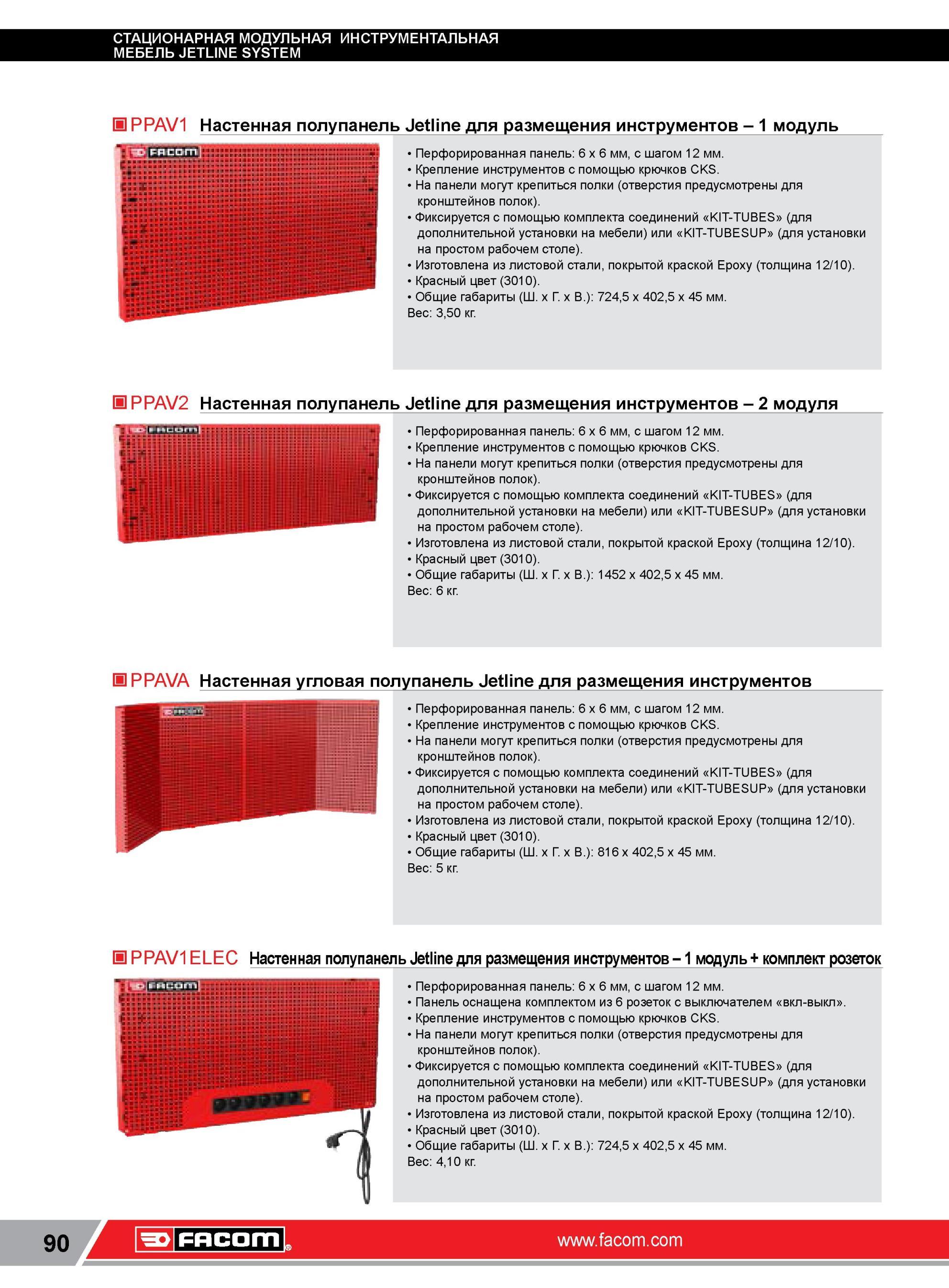 114 Настенная полупанель Facom Jetline для размещения инструментов 1 модуль Перфорированная панель 6 х 6 мм, с шагом 12 мм Крепление инструментов с помощь Каталог FACOM 2014 Профессиональный слесарно-монтажный ручной инструмент Стр. 90