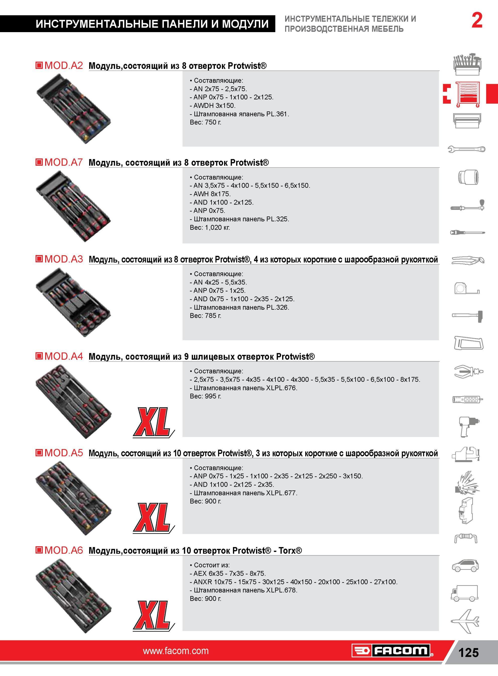 149 Модуль Facom,состоящий из 8 отверток Protwist Составляющие AN 2x75 2,5x75 ANP 0x75 1x100 2x125 AWDH 3x150 Штампованна япанель PL 361 Вес 750 г 3= IS M Каталог FACOM 2014 Профессиональный слесарно-монтажный ручной инструмент Стр. 125