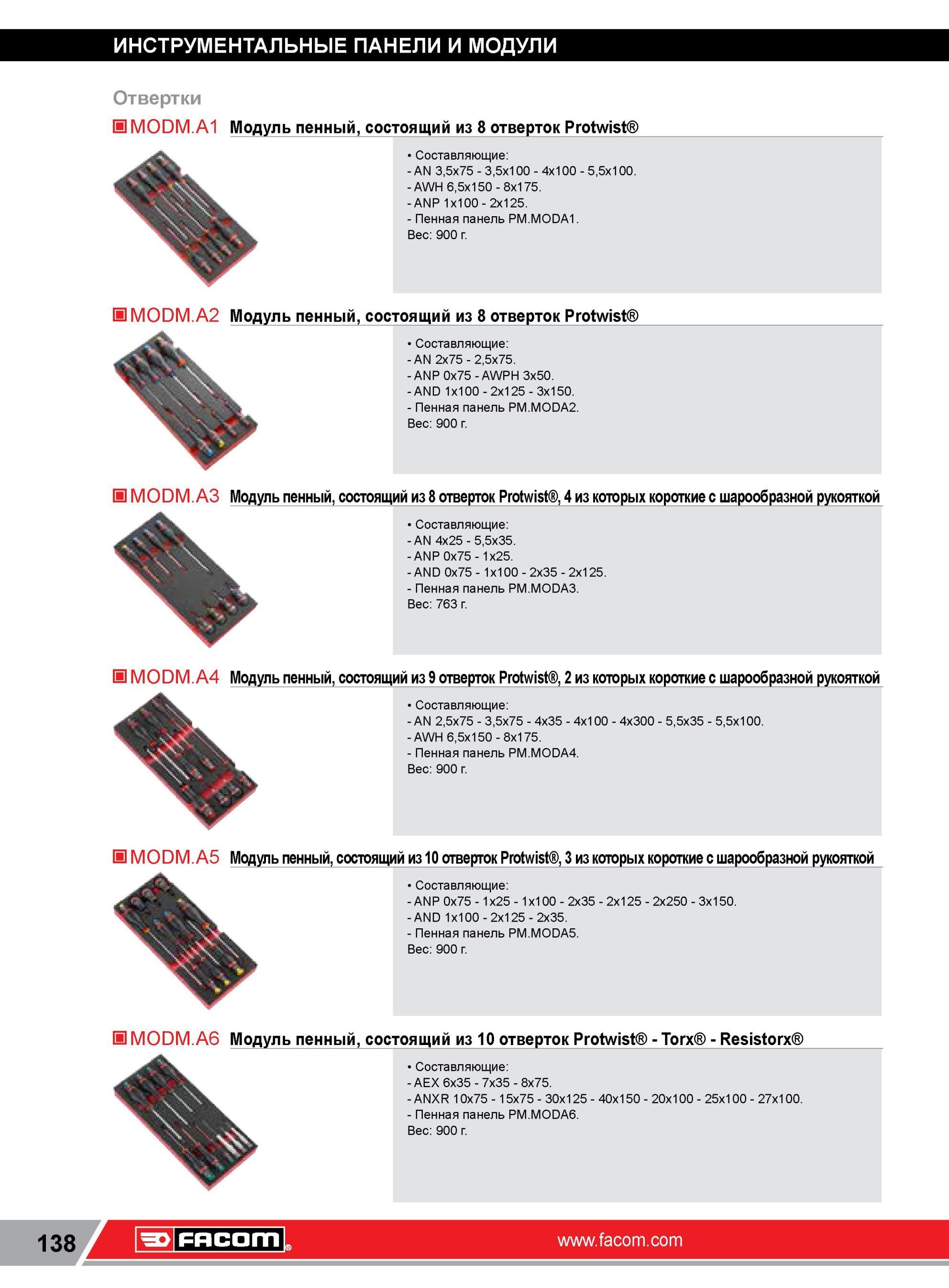 162 Модуль пенный, состоящий из 8 отверток Facom Protwist Составляющие AN 3,5x75 3,5x100 4x100 5,5x100 AWH 6,5x150 8x175 ANP 1x100 2x125 Пенная панель PM Каталог FACOM 2014 Профессиональный слесарно-монтажный ручной инструмент Стр. 138