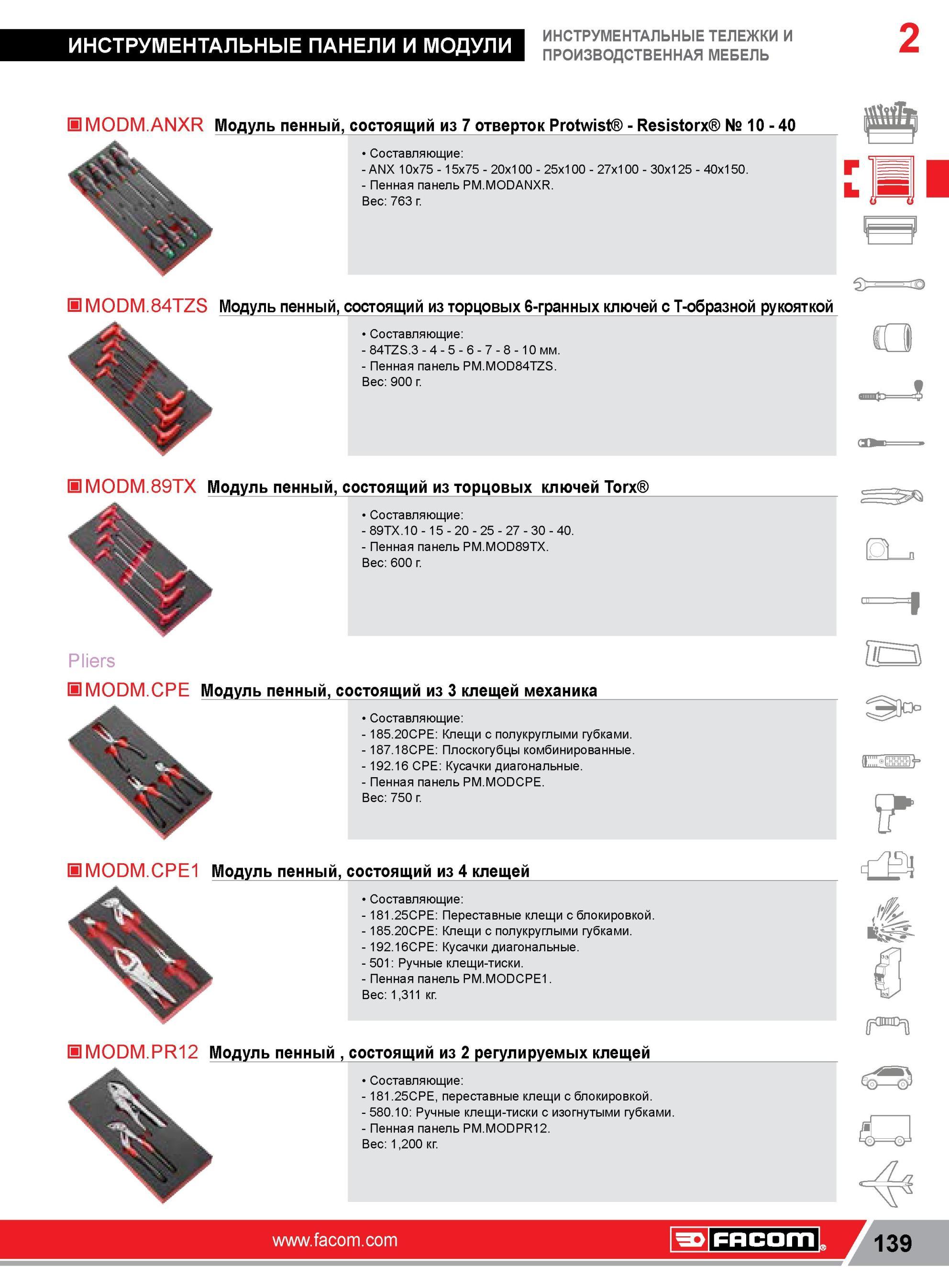 163 Модуль пенный, состоящий из 7 отверток Facom Protwist Resistorx № 10 40 Составляющие ANX 10x75 15x75 20x100 25x100 27x100 30x125 Пенная панель PM MODA Каталог FACOM 2014 Профессиональный слесарно-монтажный ручной инструмент Стр. 139