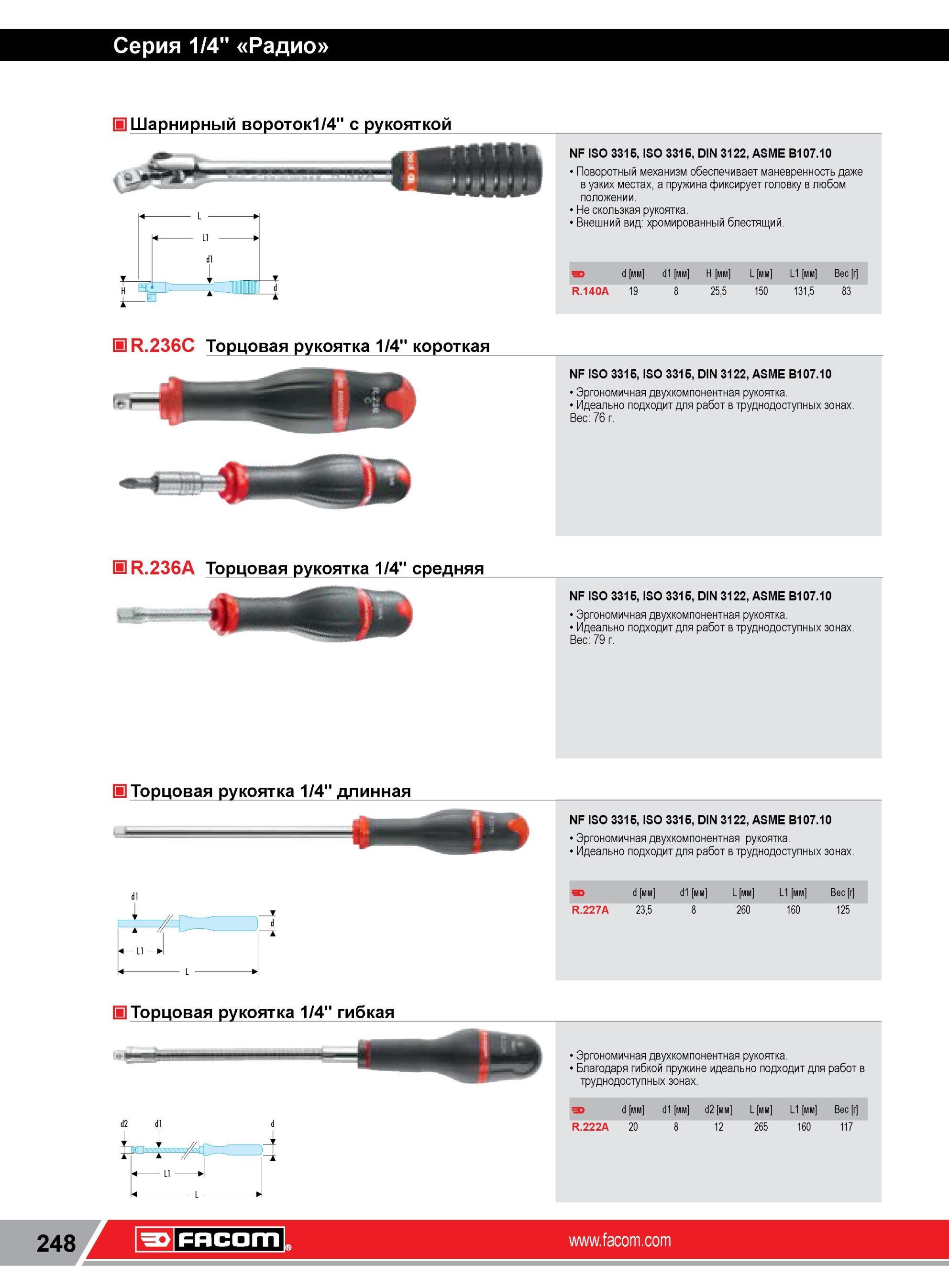 272 Шарнирный вороток Facom 1/4 с рукояткой NF ISO 3315, ISO 3315, DIN 3122, ASME B107 10 Поворотный механизм обеспечивает маневренность даже в узких мест Каталог FACOM 2014 Профессиональный слесарно-монтажный ручной инструмент Стр. 248