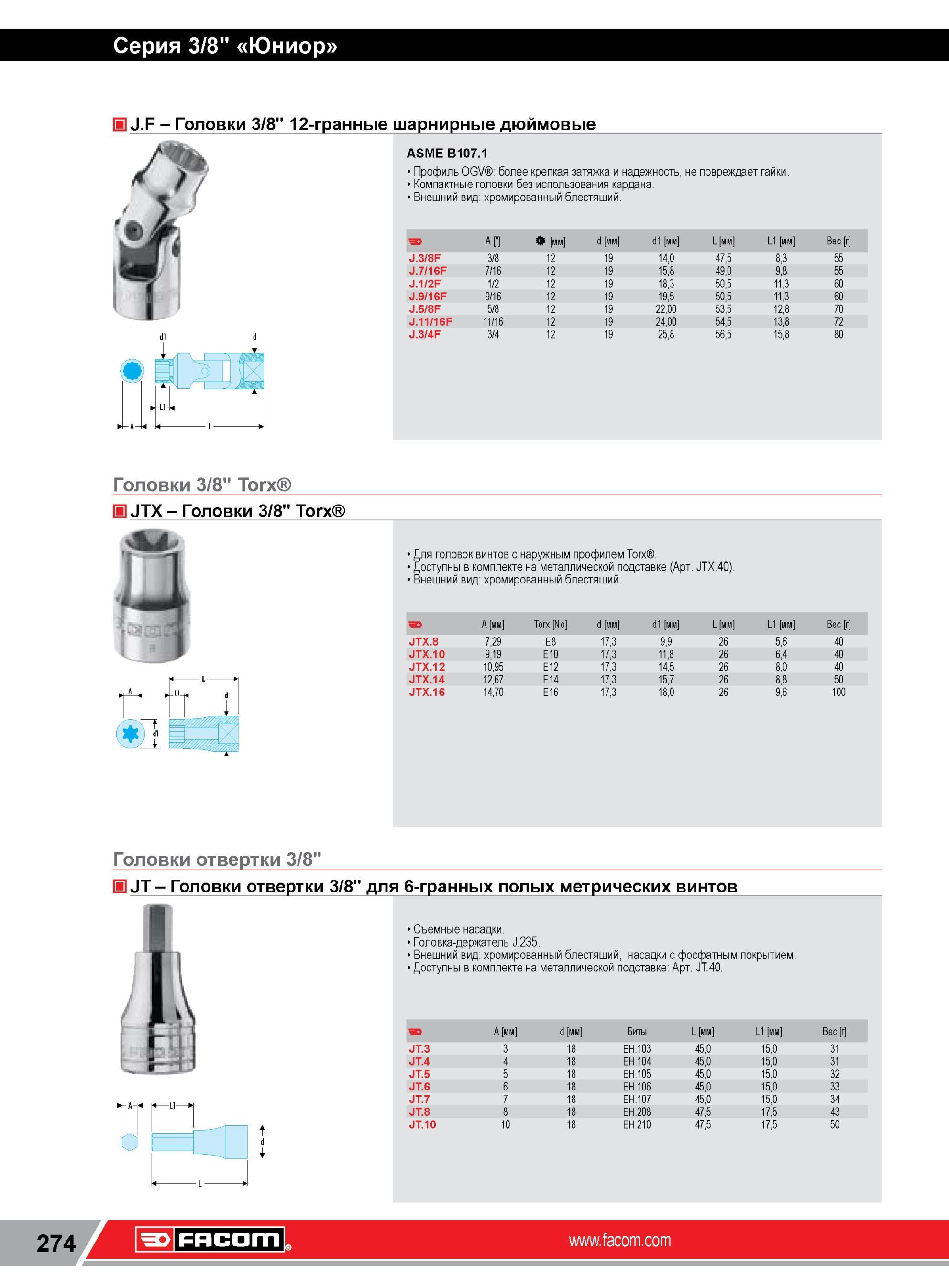 298 Головки Facom 3/8 12-гранные шарнирные дюймовые ASME B107 1 Профиль OGV более крепкая затяжка и надежность, не повреждает гайки Компактные головки без Каталог FACOM 2014 Профессиональный слесарно-монтажный ручной инструмент Стр. 274