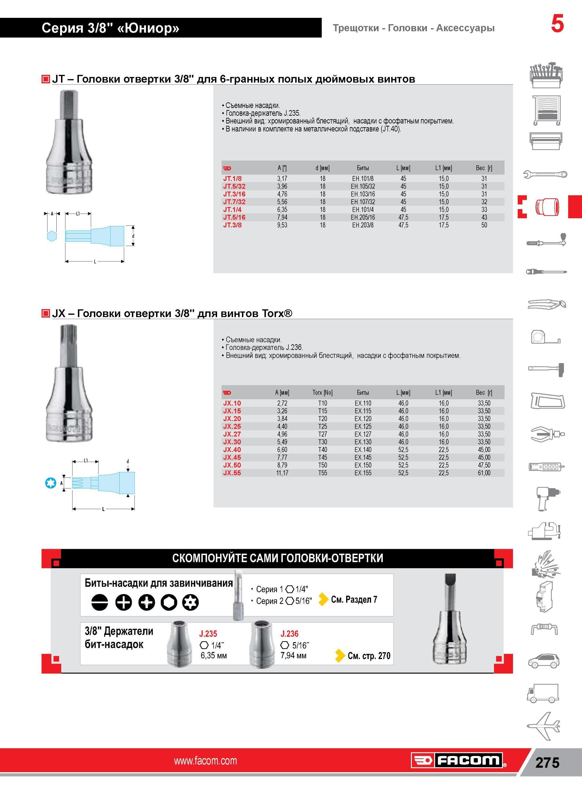 299 Головки отвертки Facom 3/8” для 6-гранных полых дюймовых винтов Съемные насадки Головка-держатель J 235 Внешний вид хромированный блестящий, насадки с Каталог FACOM 2014 Профессиональный слесарно-монтажный ручной инструмент Стр. 275