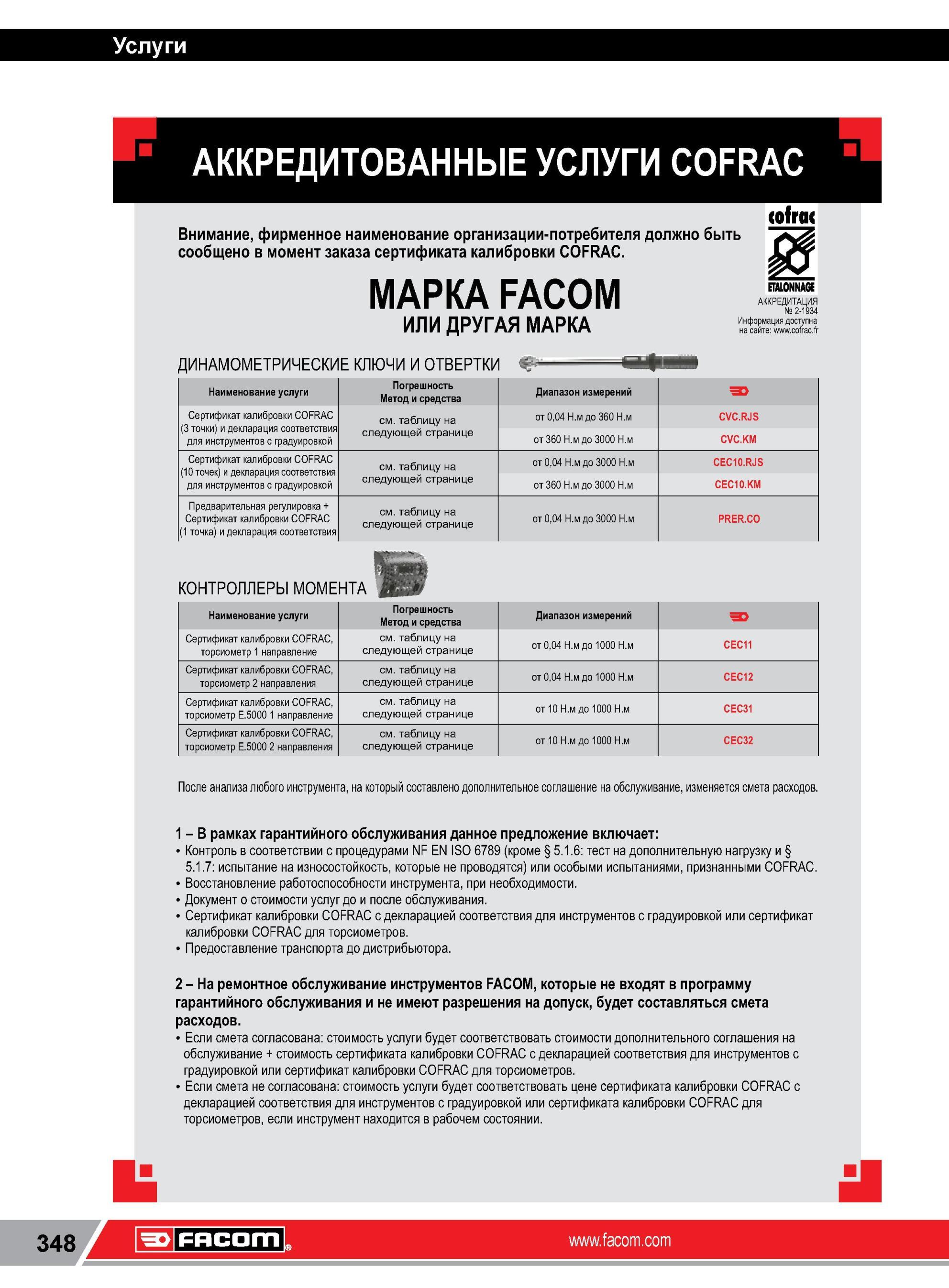 372 АККРЕДИТОВАННЫЕ УСЛУГИ COFRAC Внимание, фирменное наименование организации-потребителя должно быть сообщено в момент заказа сертификата калибровки COF Каталог FACOM 2014 Профессиональный слесарно-монтажный ручной инструмент Стр. 348
