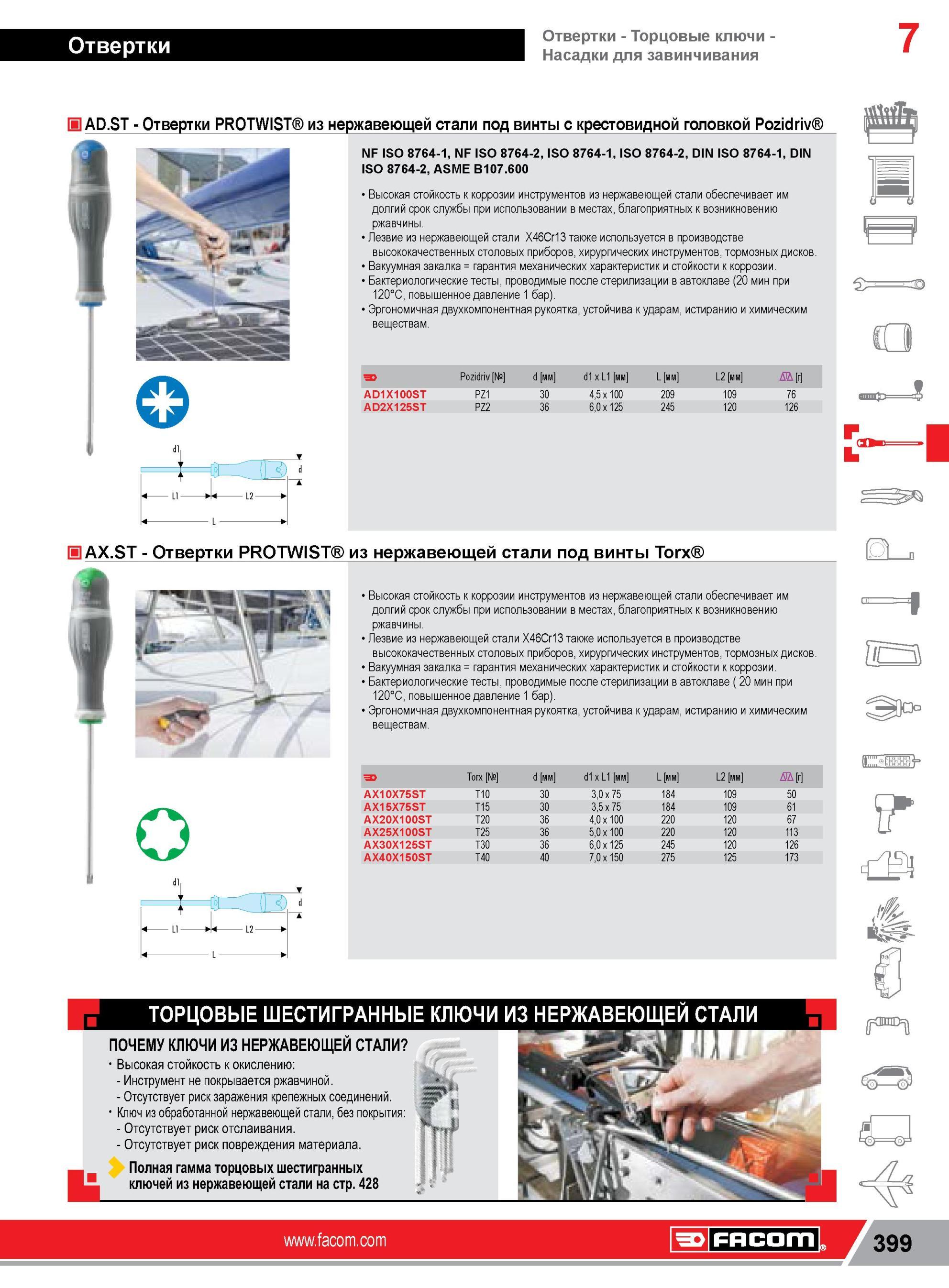 423 Отвертки Facom PROTWIST из нержавеющей стали под винты с крестовидной головкой Pozidriv NF ISO 8764-1, NF ISO 8764-2, ISO 8764-1, ISO 8764-2, DIN ISO Каталог FACOM 2014 Профессиональный слесарно-монтажный ручной инструмент Стр. 399