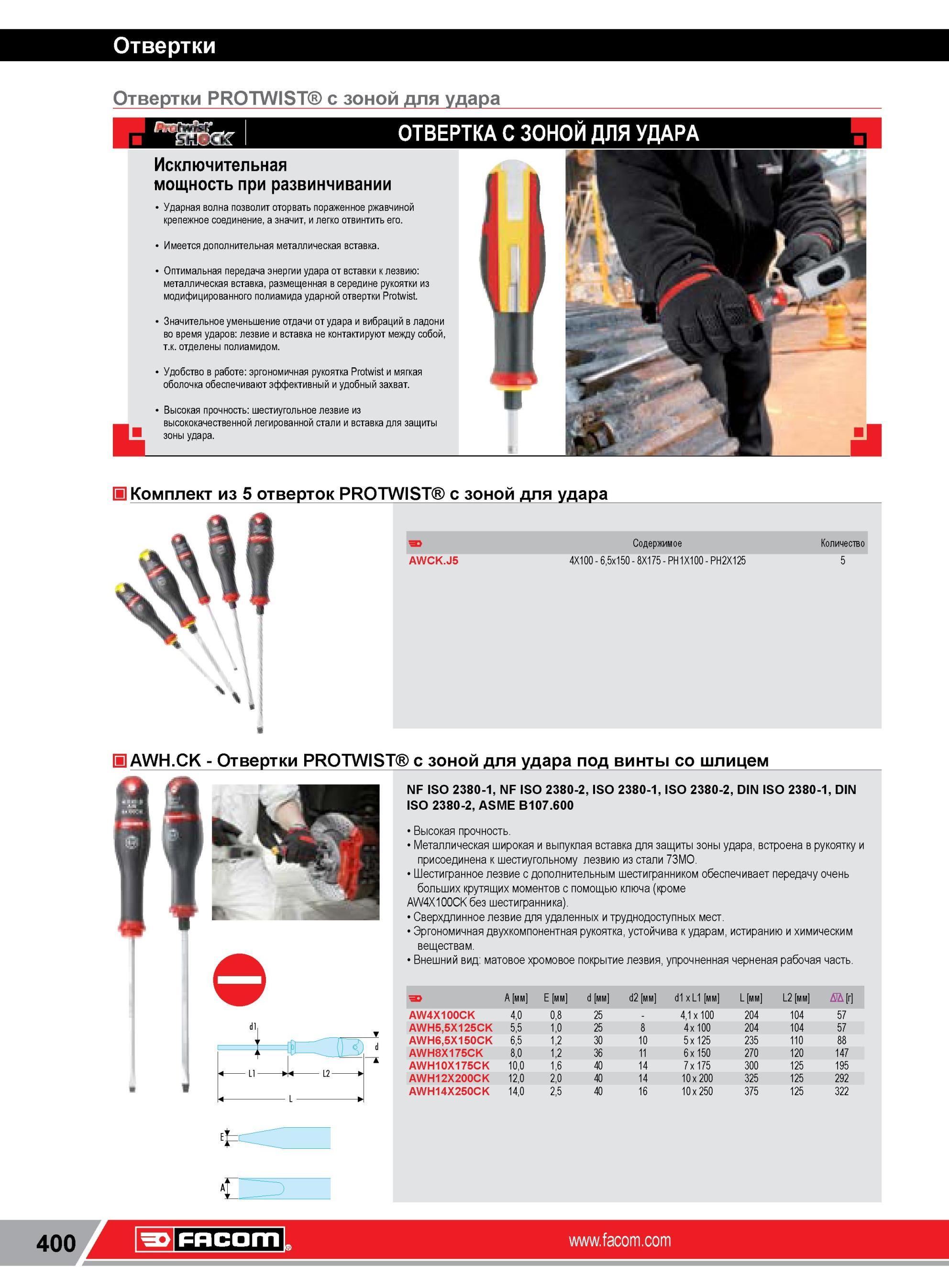 424 Отвертки Facom PROTWIST с дополнительной металлической вставкой (зоной для удара) Исключительная мощность при развинчивании соединений Удобство в рабо Каталог FACOM 2014 Профессиональный слесарно-монтажный ручной инструмент Стр. 400