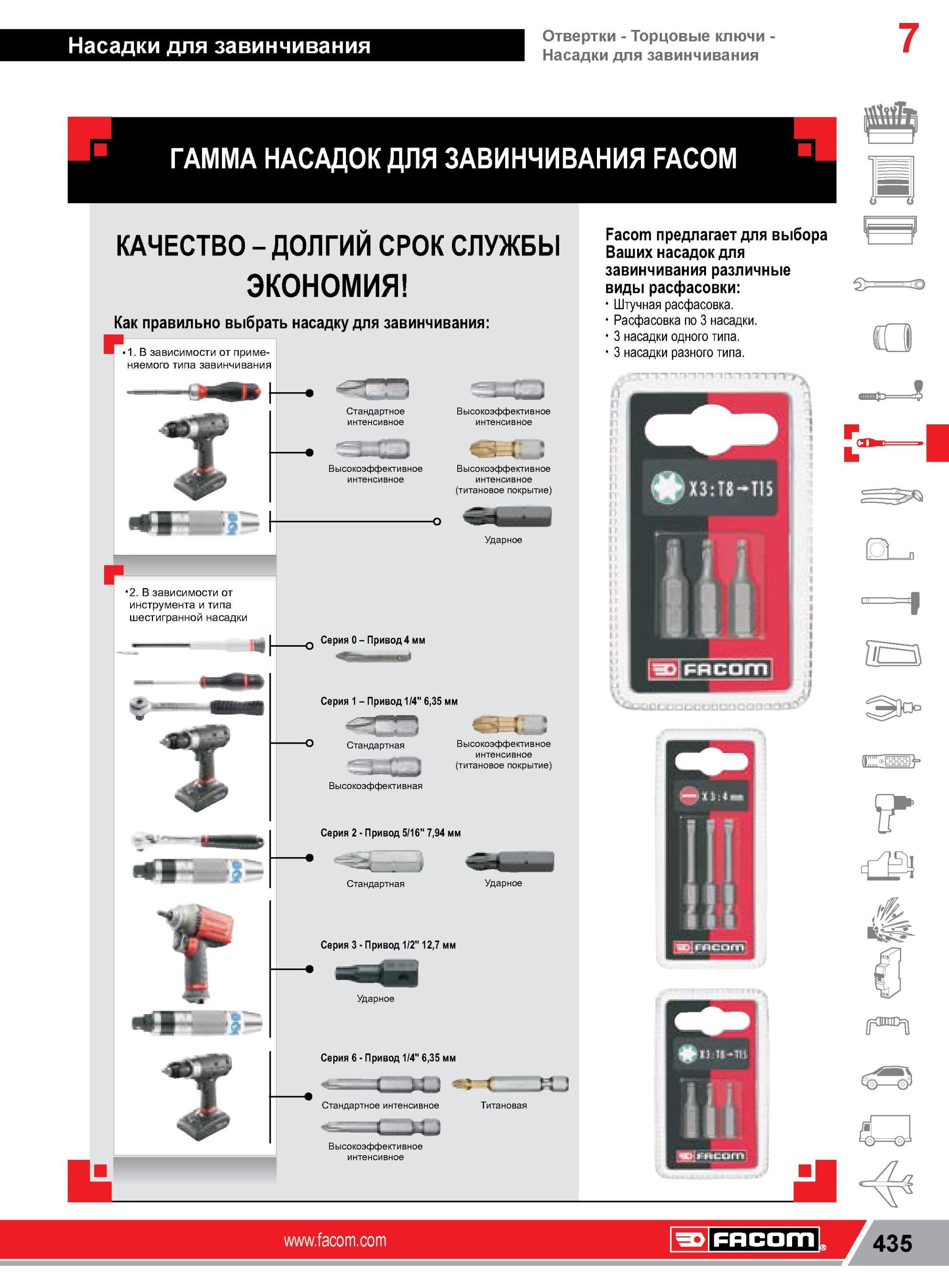 459 Биты Facom для отверток Различные виды упаковки ручного инструмента для стандартного и высокоэффективного интенсивного использования Facom предлагает Каталог FACOM 2014 Профессиональный слесарно-монтажный ручной инструмент Стр. 435