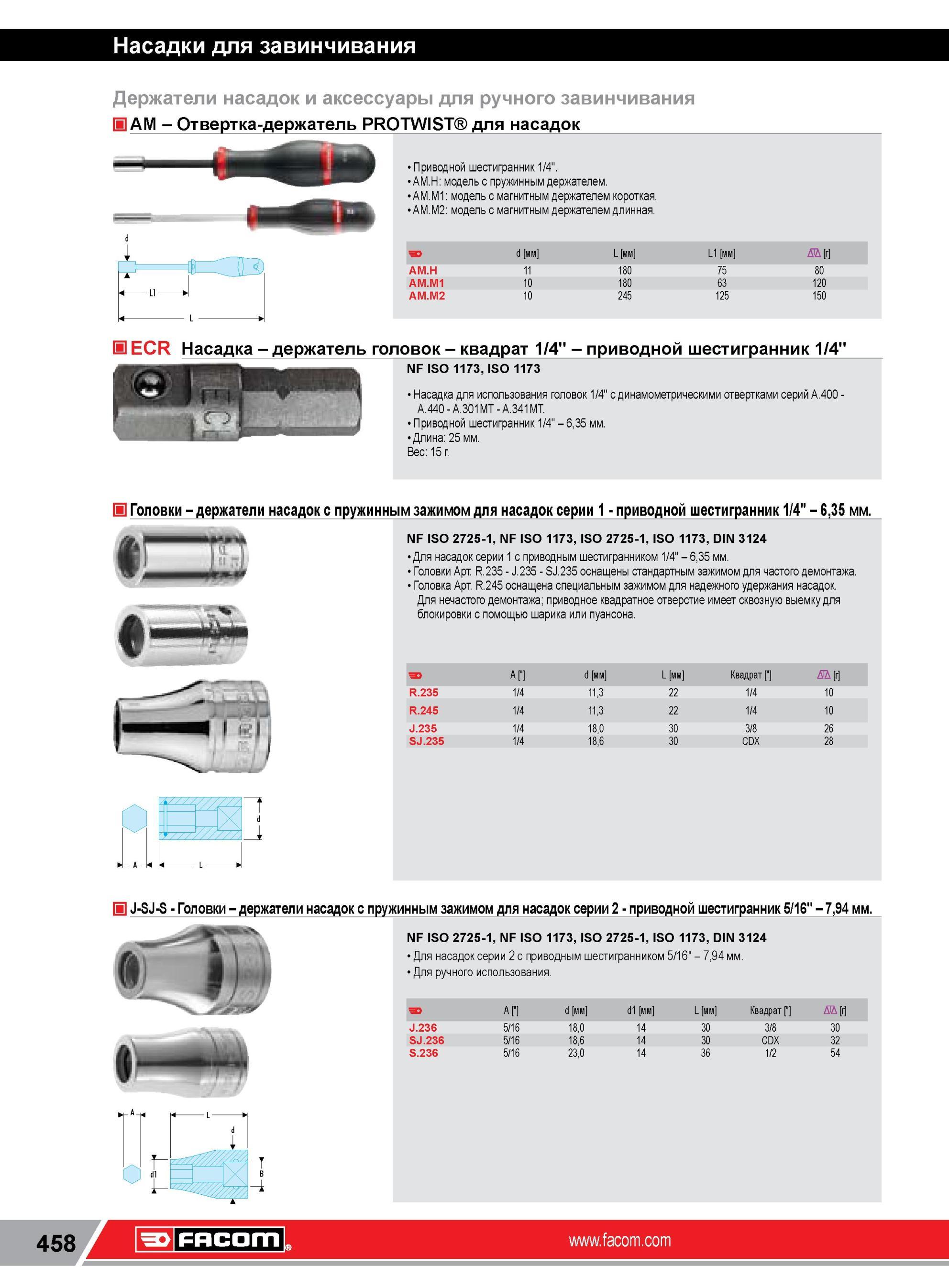 482 Отвертка-держатель Facom PROTWIST для насадок Приводной шестигранник 1/4 AM H модель с пружинным держателем AM M1 модель с магнитным держателем коротк Каталог FACOM 2014 Профессиональный слесарно-монтажный ручной инструмент Стр. 458
