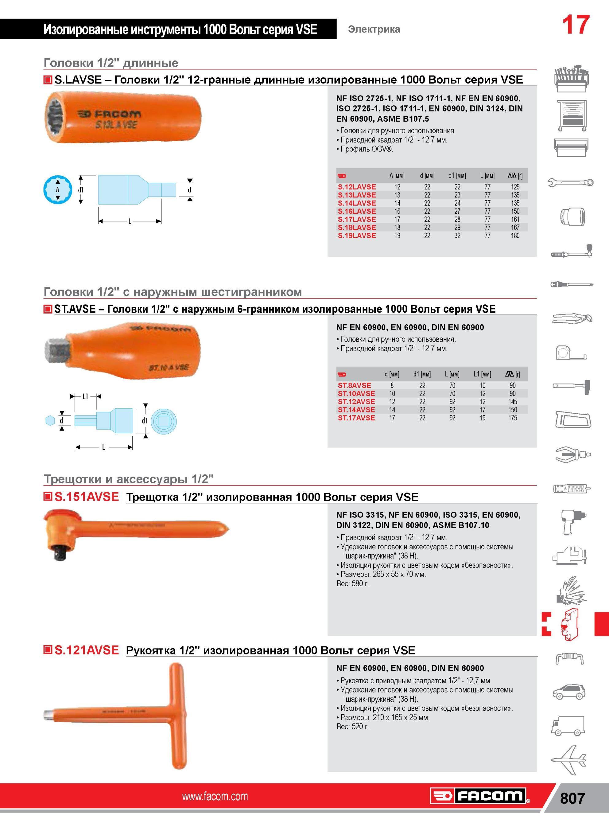 831 Головки Facom 1/2 12-гранные длинные изолированные 1000 Вольт серия VSE NF ISO 2725-1, NF ISO 1711-1, NF EN EN 60900, ISO 2725-1, ISO 1711-1, EN 60900 Каталог FACOM 2014 Профессиональный слесарно-монтажный ручной инструмент Стр. 807