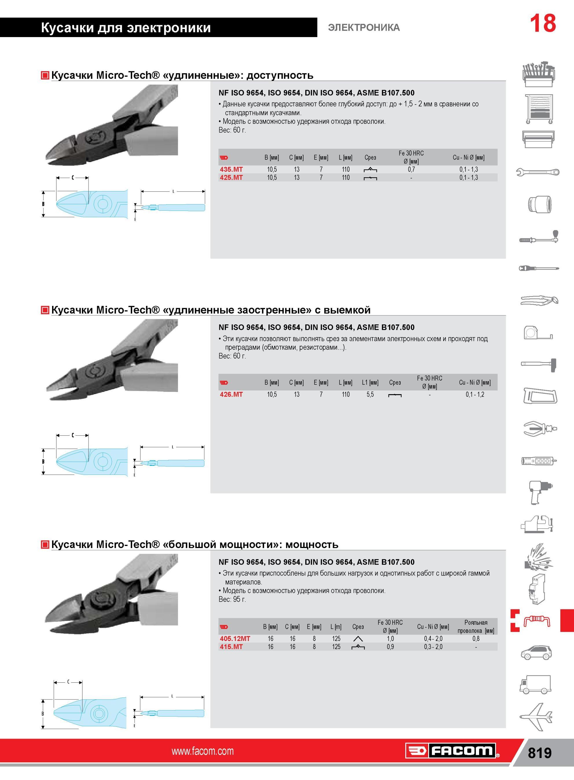 843 Кусачки Facom Micro-Tech удлиненные доступность 1= NF iSo 9654, iSo 9654, DiN iSo 9654, ASME B107 500 Данные кусачки предоставляют более глубокий дост Каталог FACOM 2014 Профессиональный слесарно-монтажный ручной инструмент Стр. 819