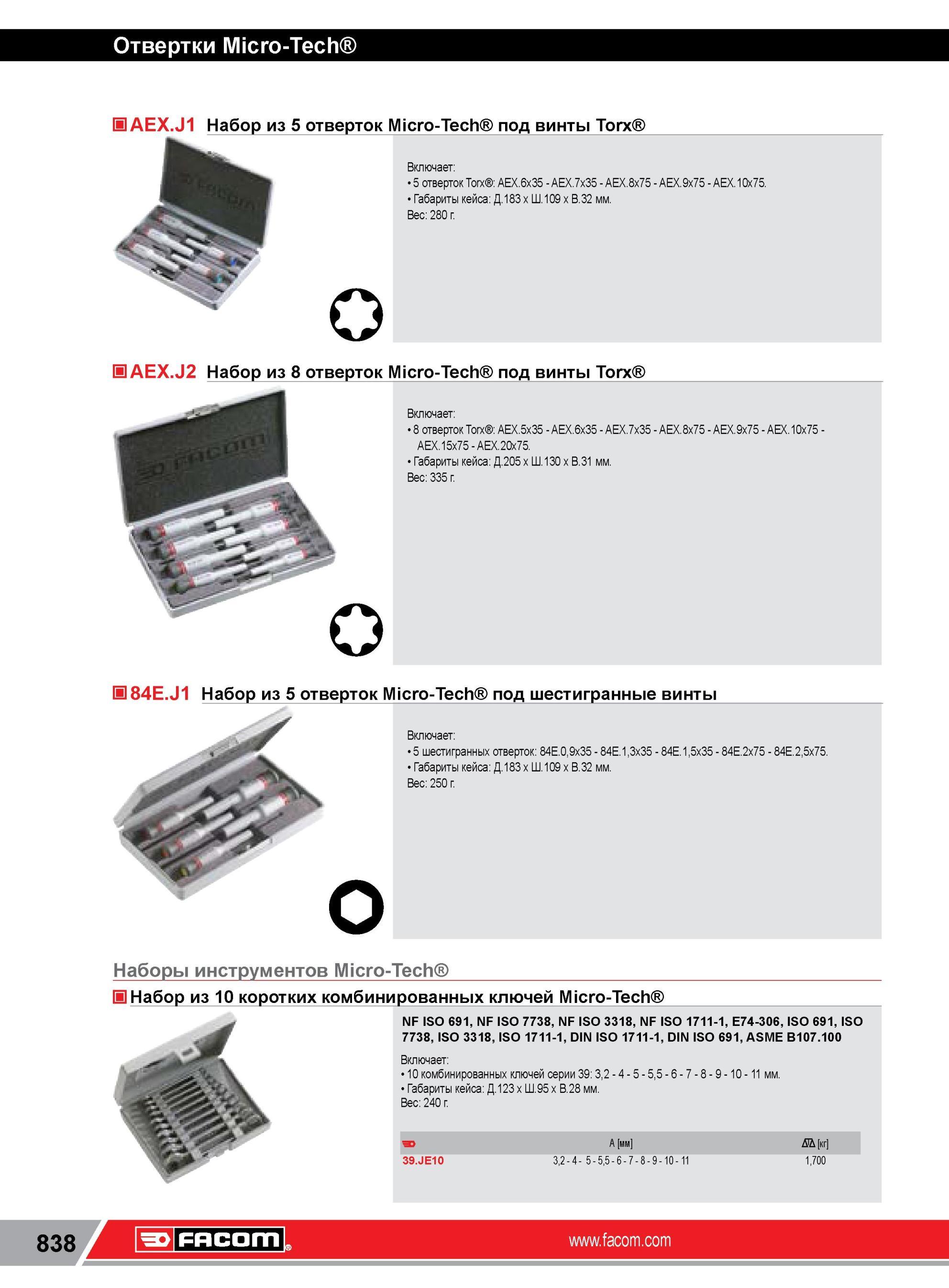 862 Набор из 5 отверток Facom Micro-Tech под винты Torx Включает 5 отверток Torx AEX 6x35 AEX 7x35 AEX 8x75 AEX 9x75 AEX 10x75 Габариты кейса Д 183 x Ш 10 Каталог FACOM 2014 Профессиональный слесарно-монтажный ручной инструмент Стр. 838