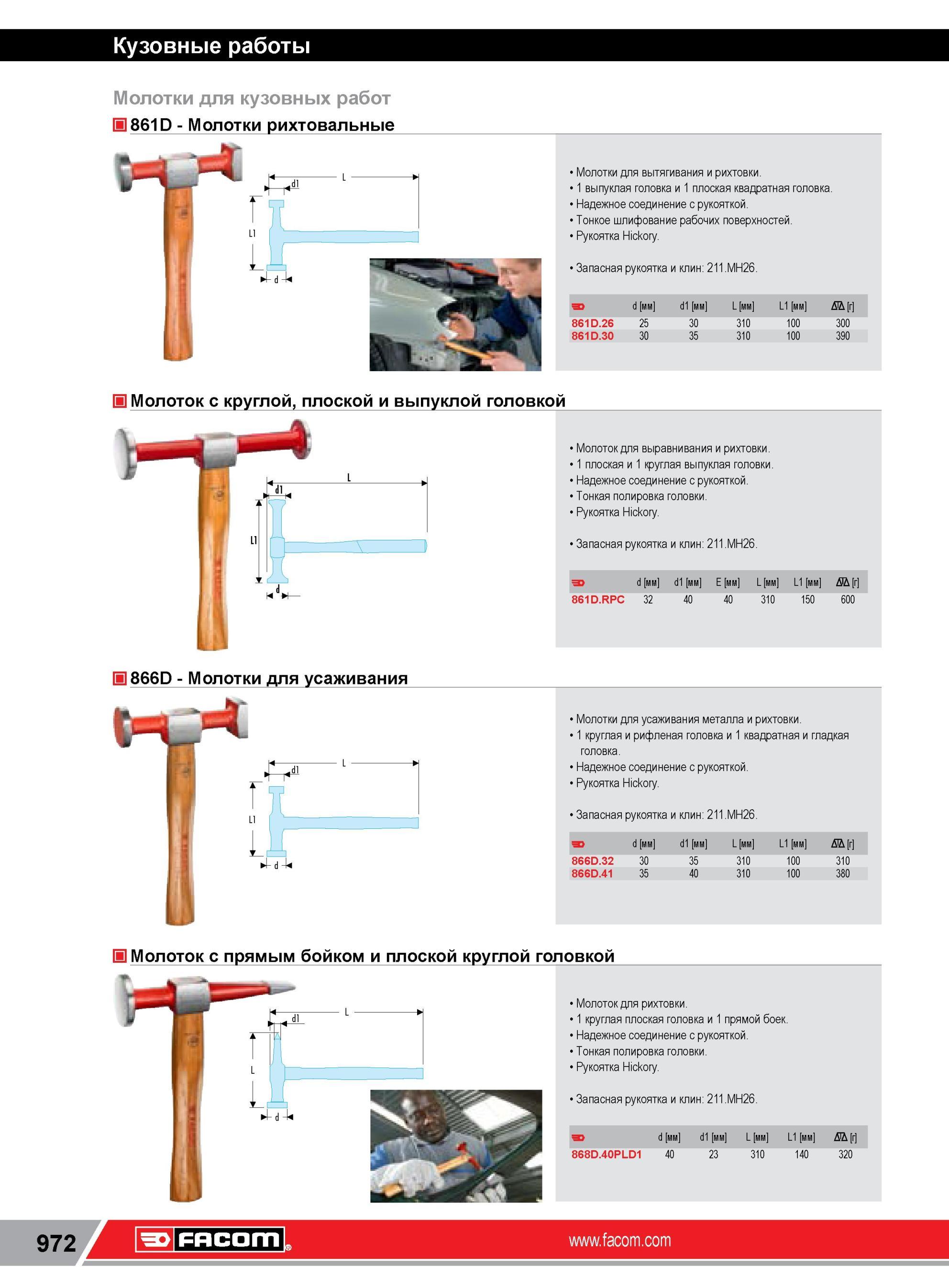996 Рихтовальные молотки Facom для вытягивания и рихтовки Специальный кузовной инструмент с одной выпуклой и одной плоской квадратной головкой Кузовные ра Каталог FACOM 2014 Профессиональный слесарно-монтажный ручной инструмент Стр. 972