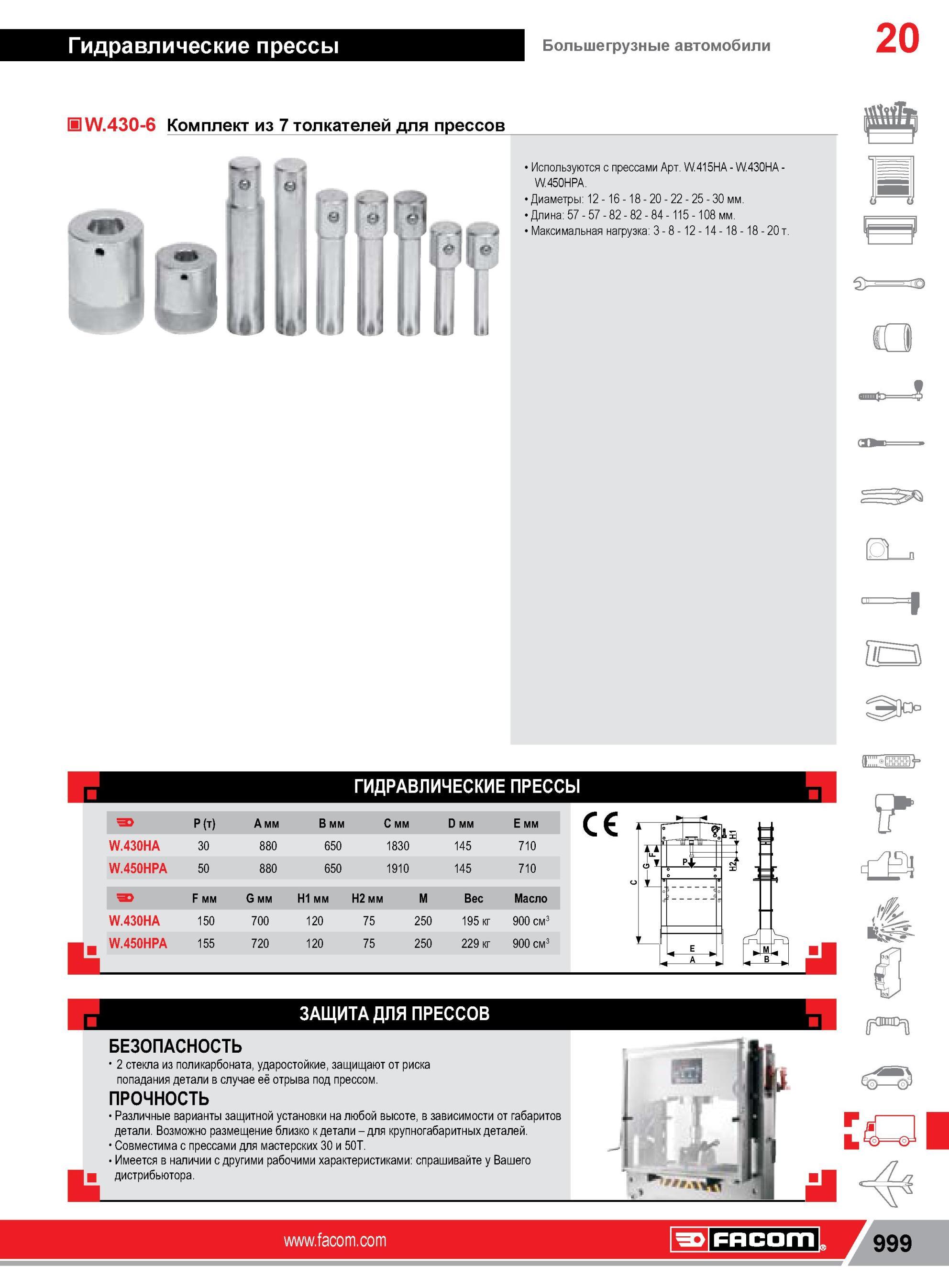 1023 Комплект Facom DW 430-6 из 7 толкателей для прессов Используются с прессами Арт W 415HA W 430HA -W 450HPA Диаметры 12 16 18 20 22 25 30 мм Длина 57 57 Каталог FACOM 2014 Профессиональный слесарно-монтажный ручной инструмент Стр. 999