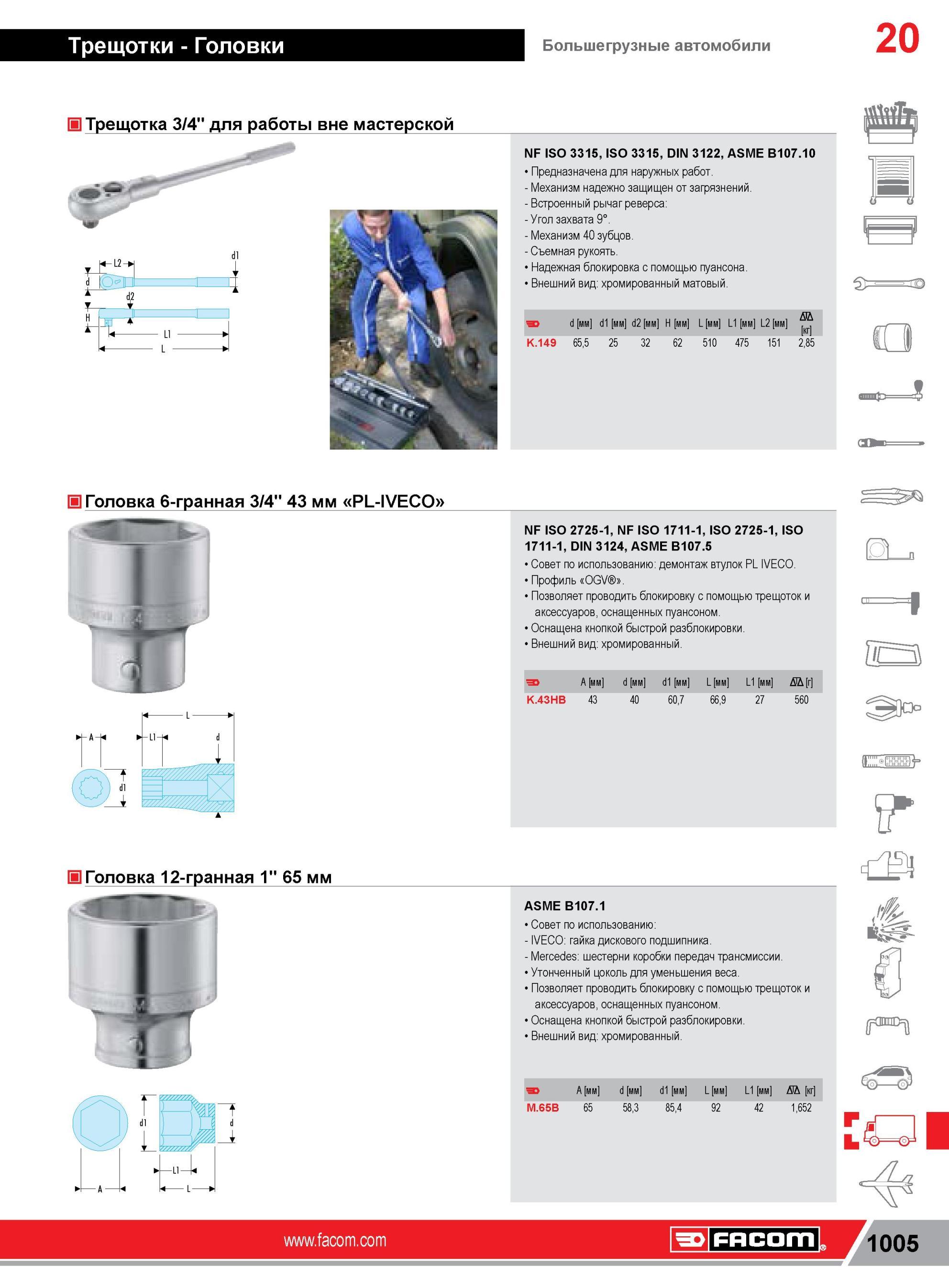 1029 Трещотка Facom 3/4 для работы вне мастерской H кг NF ISO 3315, ISO 3315, DIN 3122, ASME B107 10 Предназначена для наружных работ Механизм надежно защи Каталог FACOM 2014 Профессиональный слесарно-монтажный ручной инструмент Стр. 1005