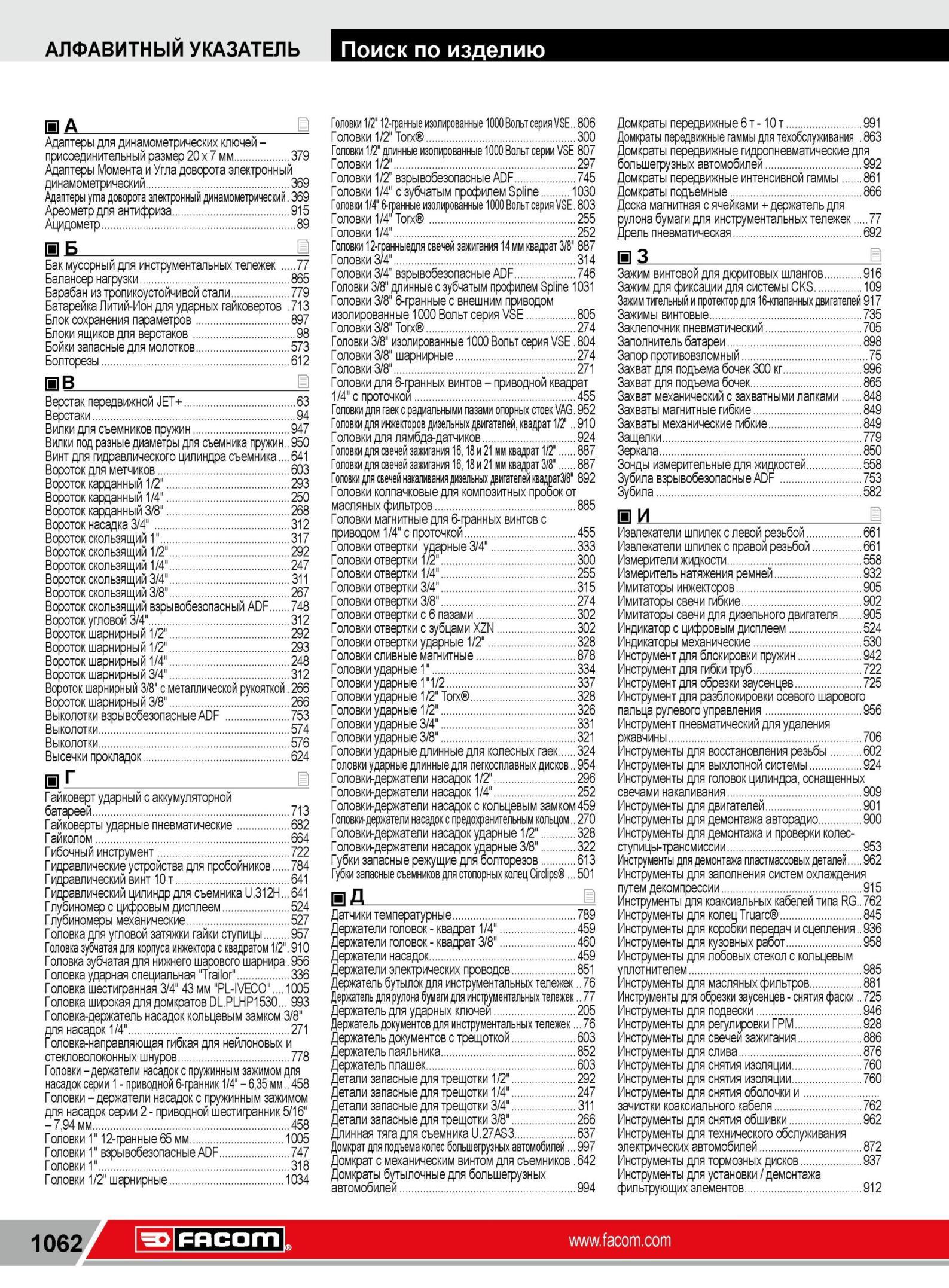 1086 Инструментальная продукция Facom представленная в каталоге компании на 2014 год Алфавитный указатель позиций Наименование товара и номер страницы инфо Каталог FACOM 2014 Профессиональный слесарно-монтажный ручной инструмент Стр. 1062