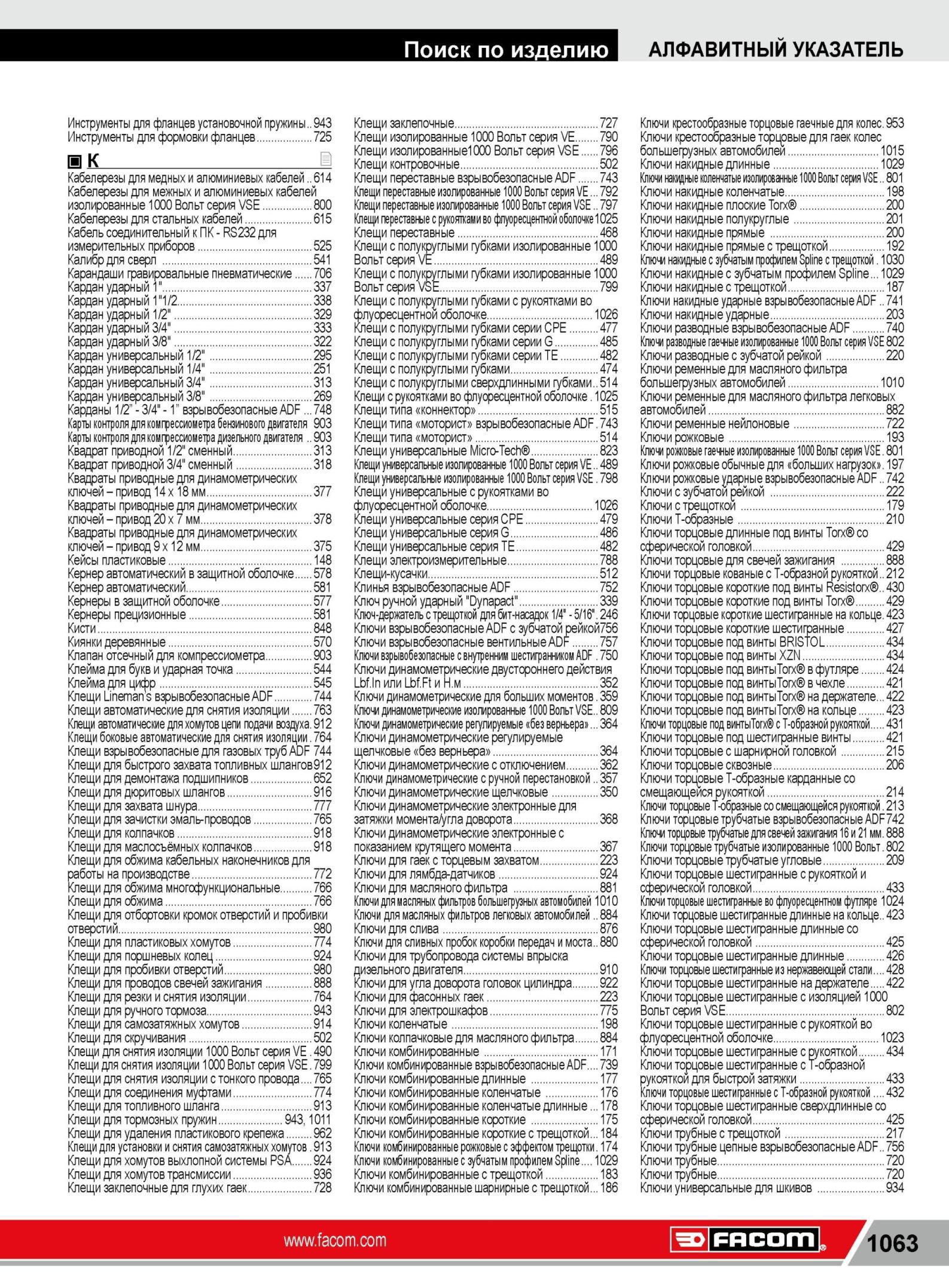1087 Основной каталог инструмента Facom 2014 на русском языке Алфавитный указатель для удобного поиска нужной позиции бренда на старницах информационного и Каталог FACOM 2014 Профессиональный слесарно-монтажный ручной инструмент Стр. 1063