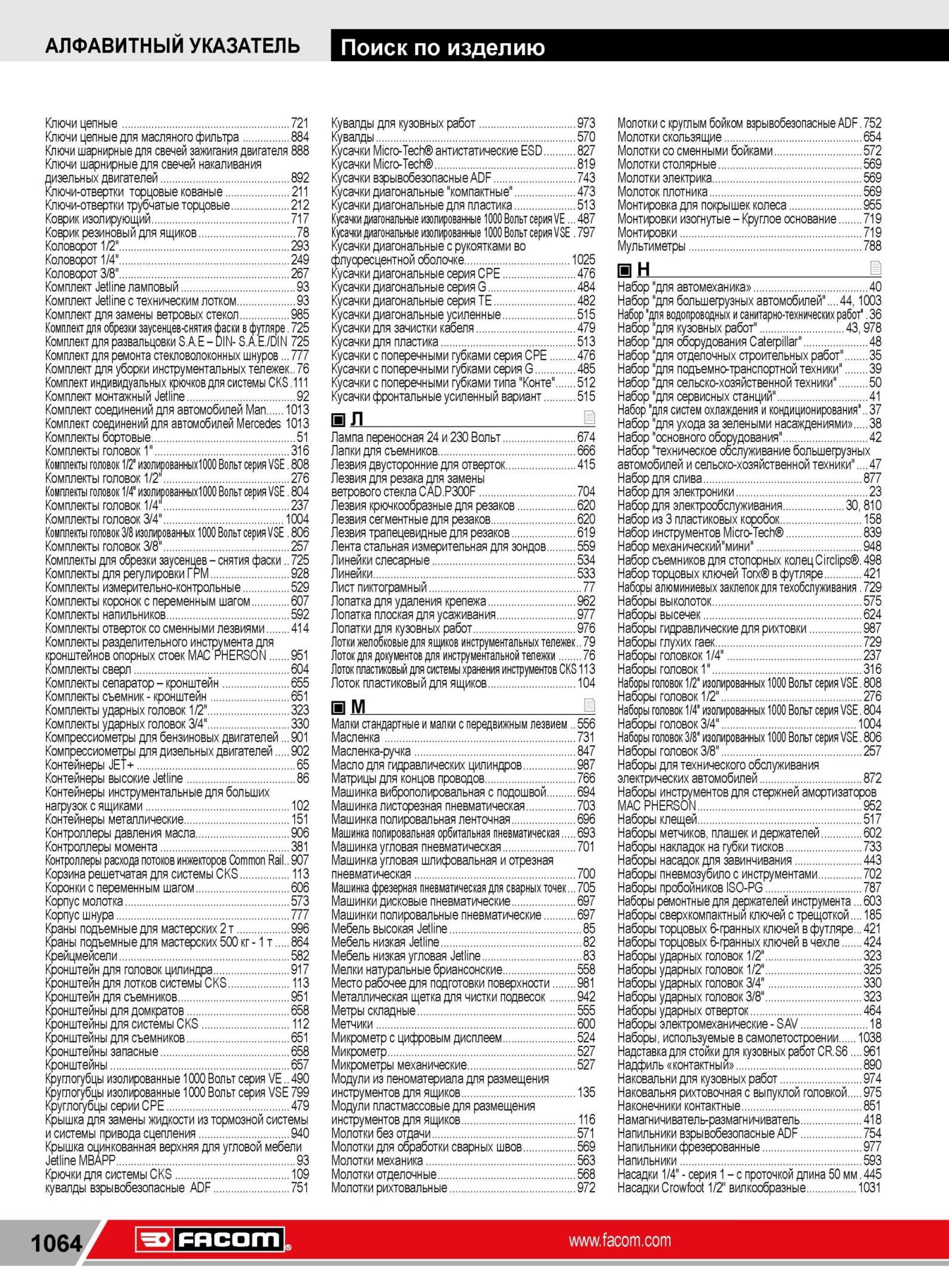 1088 Алфавитный указатель Facom каталога 2014 на русском языке Быстрый поиск по названию изделия с указанием страницы издания Комплекты для обрезки заусенц Каталог FACOM 2014 Профессиональный слесарно-монтажный ручной инструмент Стр. 1064