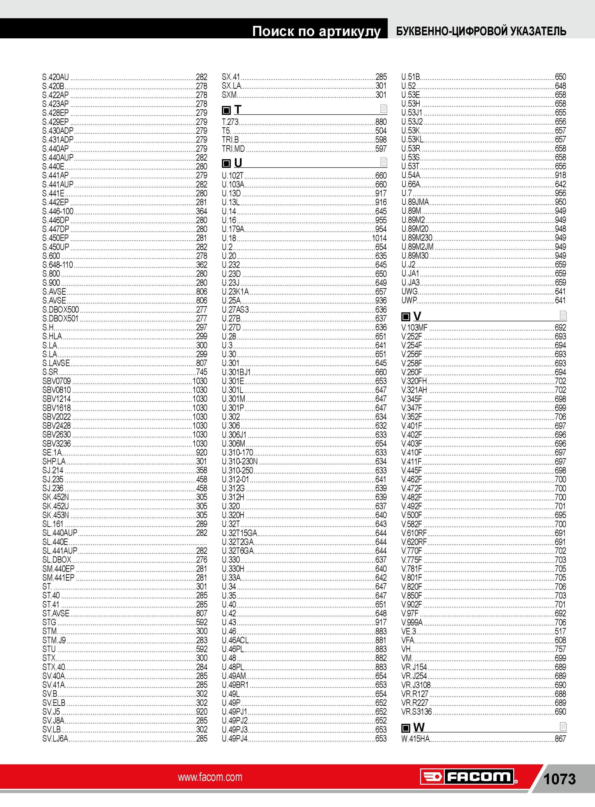 1097 ИНСТРУМЕНТ FACOM В ПРОМЫШЛЕННОМ КАТАЛОГЕ Поиск по артикул БУКВЕННО-ЦИФРОВОЙ УКАЗАТЕЛЬ S 420AU 282 S 420B 278 S 422AP 278 S 423AP 278 S 428EP 279 S 429 Каталог FACOM 2014 Профессиональный слесарно-монтажный ручной инструмент Стр. 1073