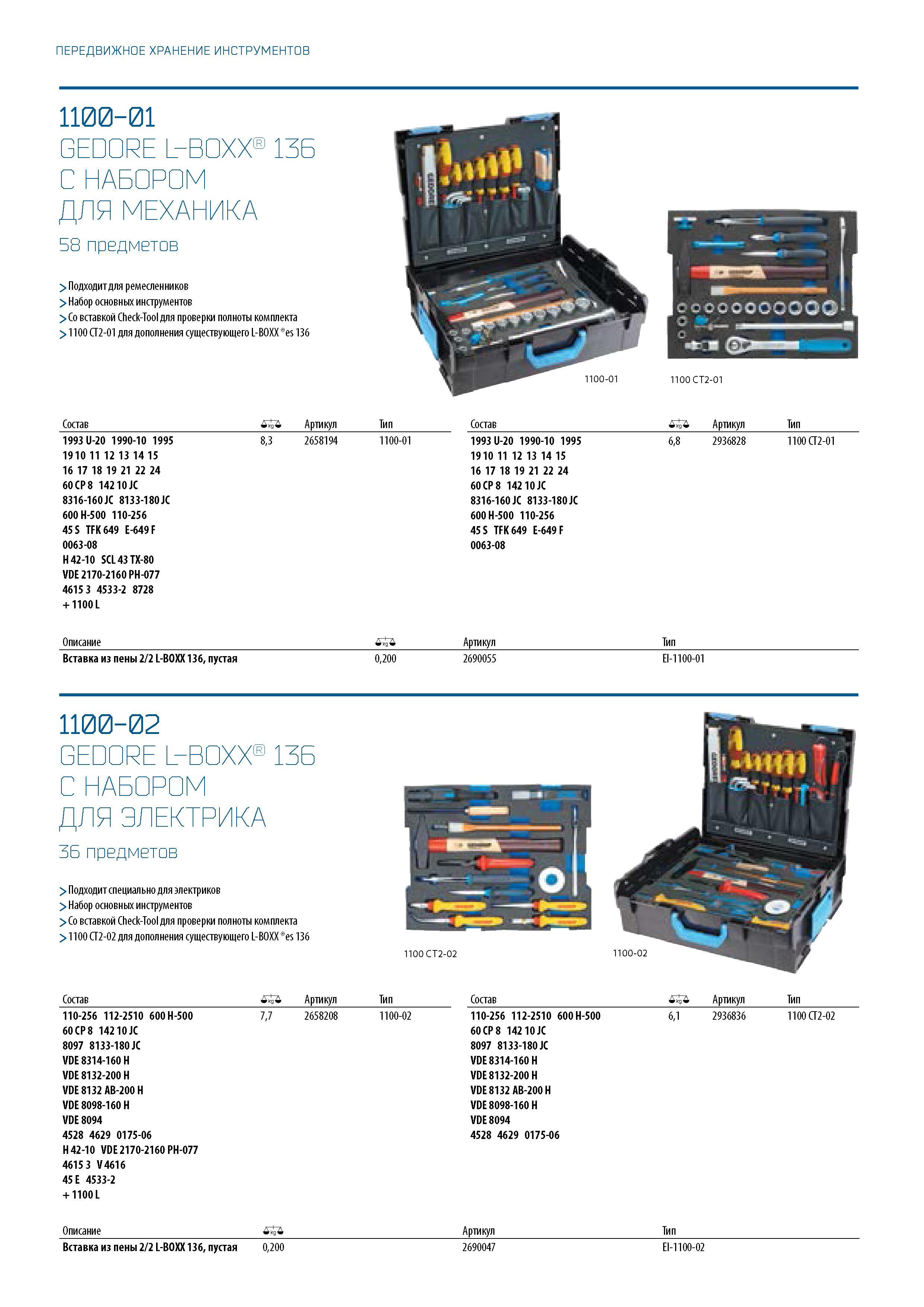 54 ПЕРЕДВИЖНОЕ ХРАНЕНИЕ ИНСТРУМЕНТОВ 1100-01 GEDORE L-BOXX 136 С НАБОРОМ ДЛЯ МЕХАНИКА 58 предметов > Подходит для ремесленников > Набор основных инс Каталог GEDORE 2016 Слесарный ручной инструмент Ключи гаечные Головки торцевые в наборах Отвертки Плоскогубцы Клещи Съемники Молотки Специнструмент Оборудование Стр. 054