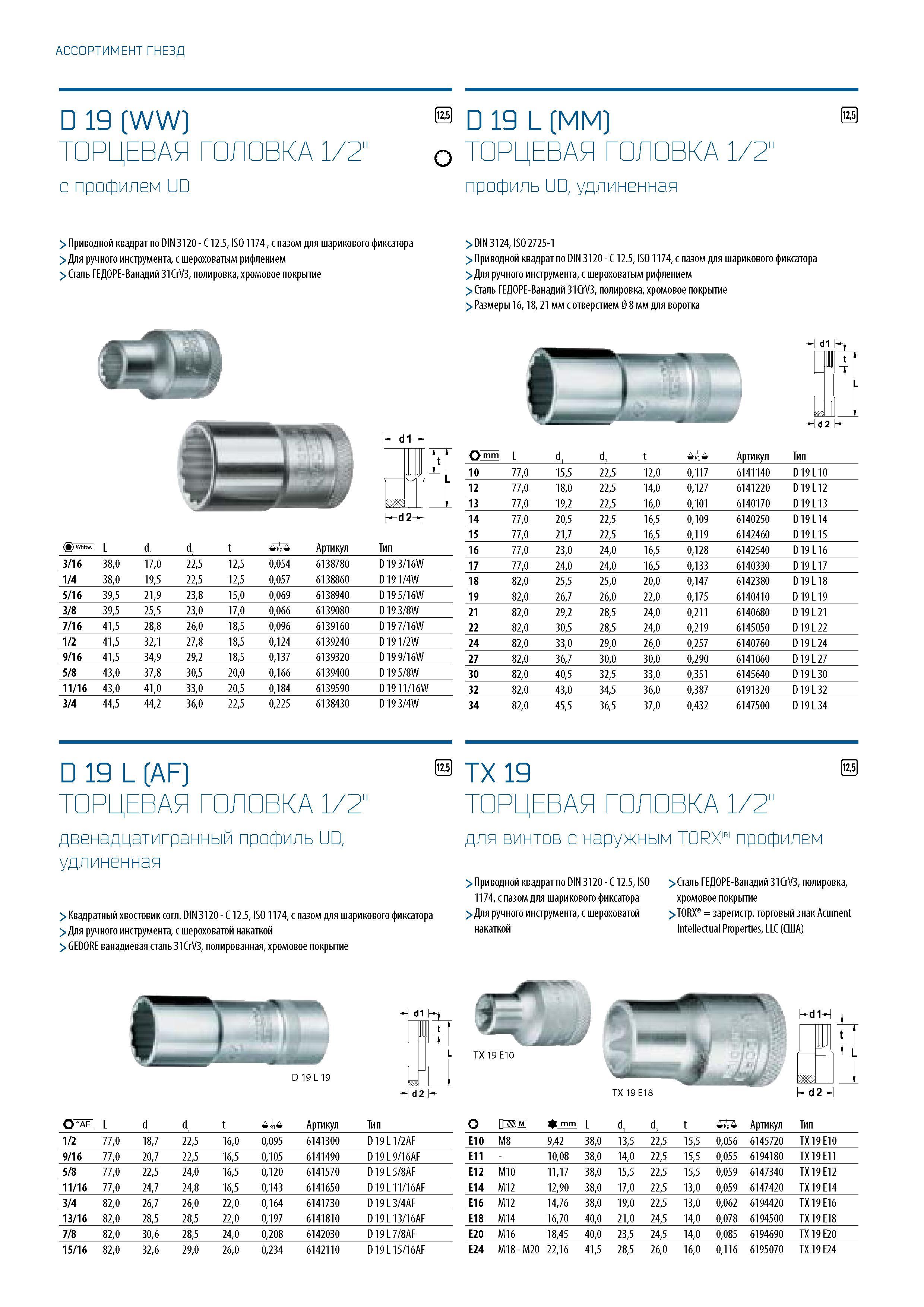 210 АССОРТИМЕНТ ГНЕЗД D 19 (WW) 0 D 19 L (MM) 0 ТОРЦЕВАЯ ГОЛОВКА 1/2” 0 ТОРЦЕВАЯ ГОЛОВКА 1/2” с профилем UD профиль UD, удлиненная > Приводной квадрат по DIN 3120 - C 12 5, ISO 1174 , с пазом для шарикового фиксатора > Для ручного инструмента, с шероховатым р Каталог GEDORE 2016 Слесарный ручной инструмент Ключи гаечные Головки торцевые в наборах Отвертки Плоскогубцы Клещи Съемники Молотки Специнструмент Оборудование Стр. 210