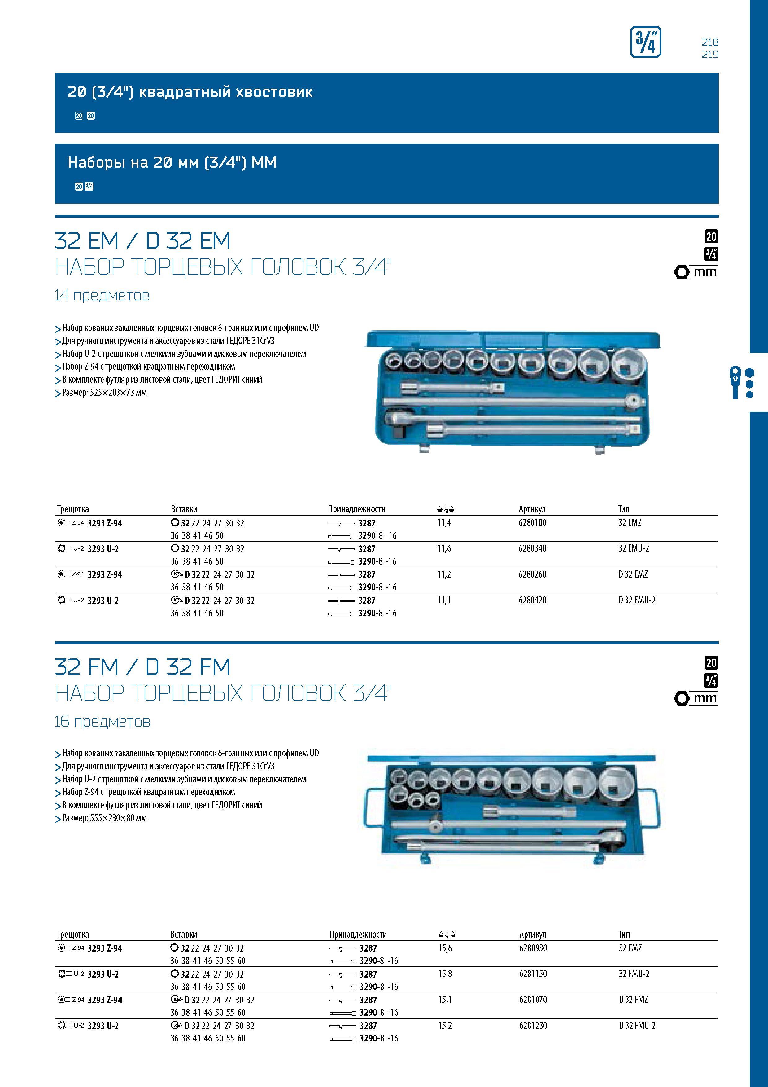 219 и 218 219 20 (3/4 ) квадратный хвостовик p p Наборы на 20 мм (3/4 ) MM p e 32 EM / D 32 EM НАБОР ТОРЦЕВЫХ ГОЛОВОК 3/4 14 предметов > Набор кованы Каталог GEDORE 2016 Слесарный ручной инструмент Ключи гаечные Головки торцевые в наборах Отвертки Плоскогубцы Клещи Съемники Молотки Специнструмент Оборудование Стр. 219