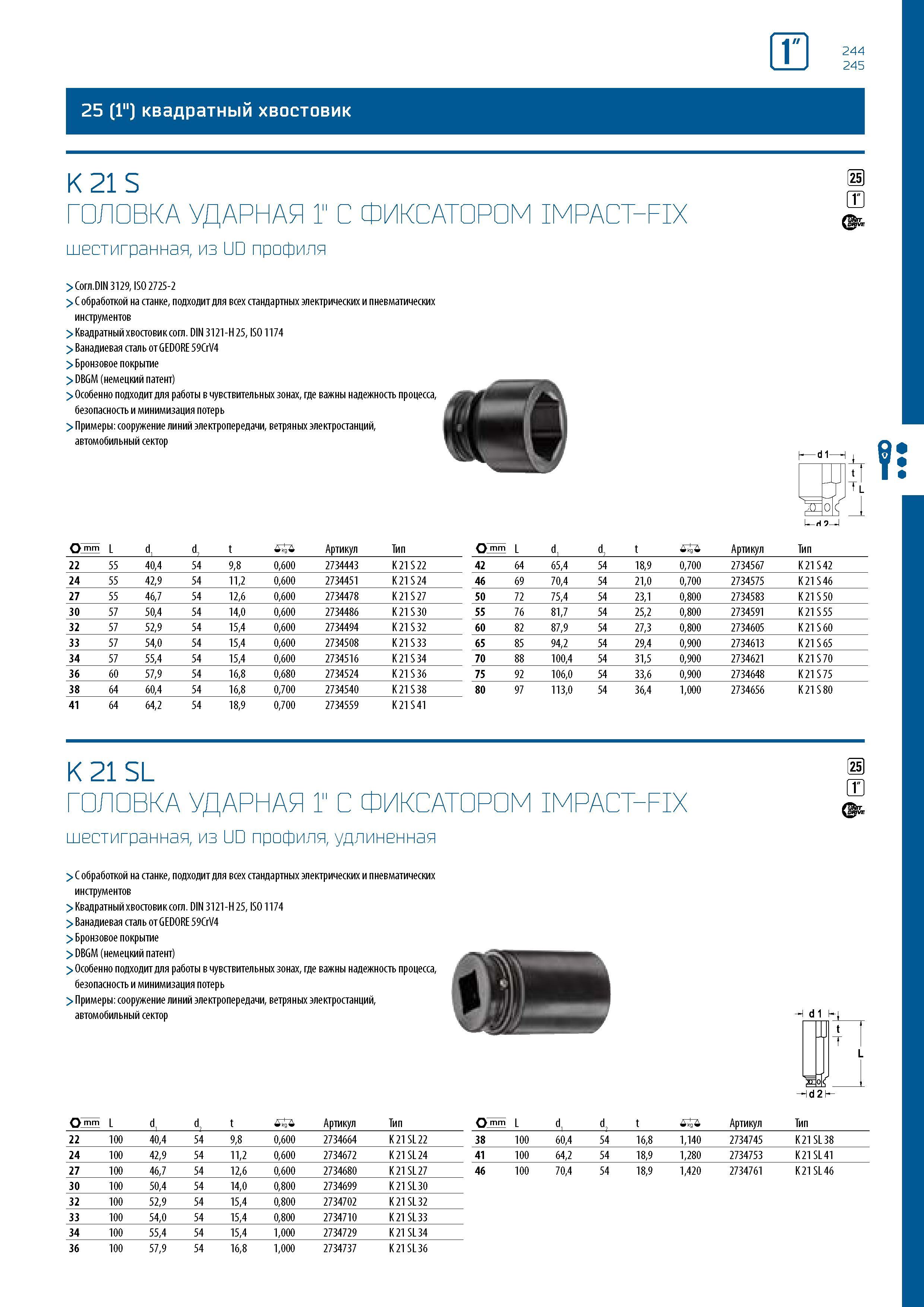 245 25 (1 ) квадратный хвостовик K 21 S ГОЛОВКА УДАРНАЯ 1” С ФИКСАТОРОМ IMPACT-FIX шестигранная, из UD профиля > Com DIN 3129, ISO 2725-2 > С обработ Каталог GEDORE 2016 Слесарный ручной инструмент Ключи гаечные Головки торцевые в наборах Отвертки Плоскогубцы Клещи Съемники Молотки Специнструмент Оборудование Стр. 245