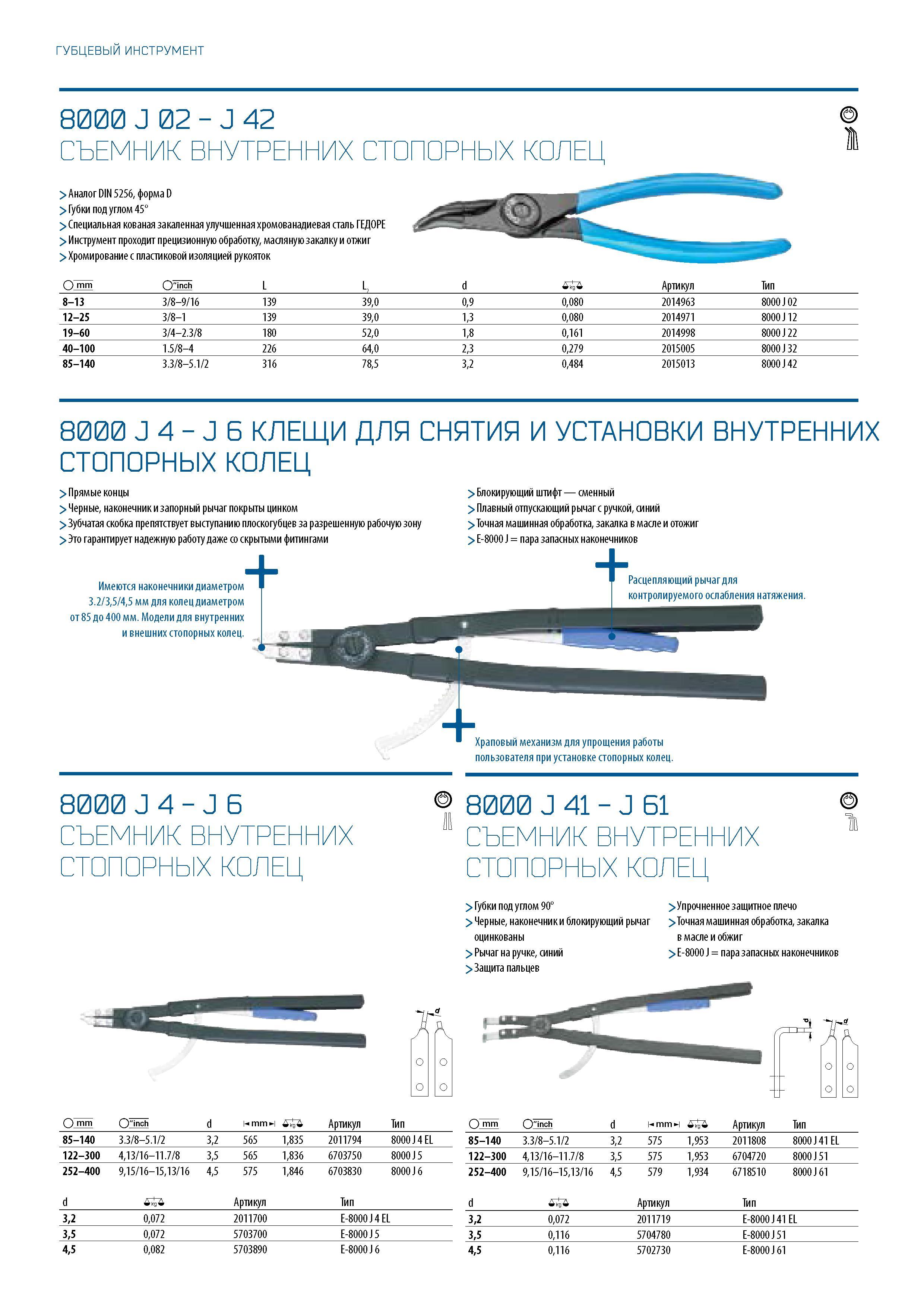404 ГУБЦЕВЫЙ ИНСТРУМЕНТ 8000 J 02 - J 42 СЪЕМНИК ВНУТРЕННИХ СТОПОРНЫХ КОЛЕЦ > Аналог DIN 5256, форма D > Губки под углом 45° > Специальная кованая закаленная улучшенная хромованадиевая сталь ГЕДОРЕ > Инструмент проходит прецизионную обработку, масляную закалк Каталог GEDORE 2016 Слесарный ручной инструмент Ключи гаечные Головки торцевые в наборах Отвертки Плоскогубцы Клещи Съемники Молотки Специнструмент Оборудование Стр. 404