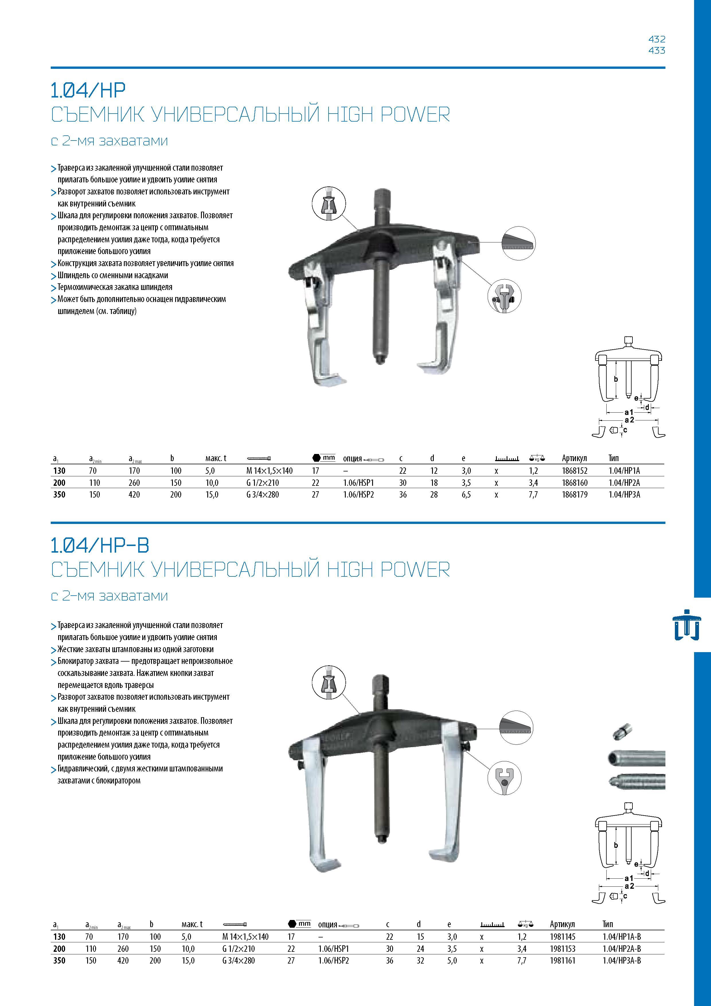 433 432 433 1 04/HP СЪЕМНИК УНИВЕРСАЛЬНЫЙ HIGH POWER с 2-мя захватами > Траверса из закаленной улучшенной стали позволяет прилагать большое усилие и Каталог GEDORE 2016 Слесарный ручной инструмент Ключи гаечные Головки торцевые в наборах Отвертки Плоскогубцы Клещи Съемники Молотки Специнструмент Оборудование Стр. 433