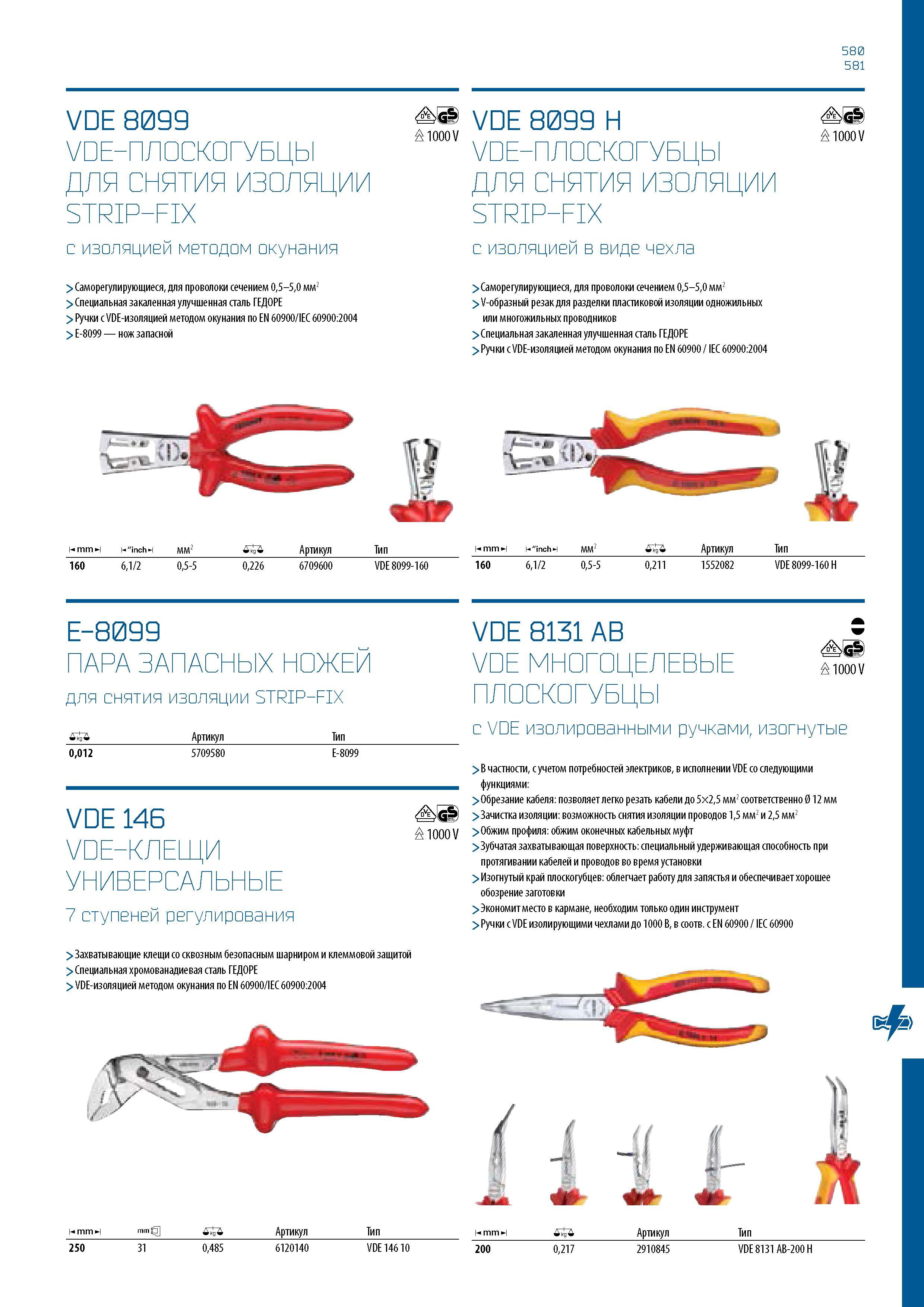 581 580 581 VDE 8099 VDE-ПЛОСКОГУБЦЫ ДЛЯ СНЯТИЯ ИЗОЛЯЦИИ STRIP-FIX с изоляцией методом окунания > Саморегулирующиеся, для проволоки сечением 0,5-5,0 Каталог GEDORE 2016 Слесарный ручной инструмент Ключи гаечные Головки торцевые в наборах Отвертки Плоскогубцы Клещи Съемники Молотки Специнструмент Оборудование Стр. 581