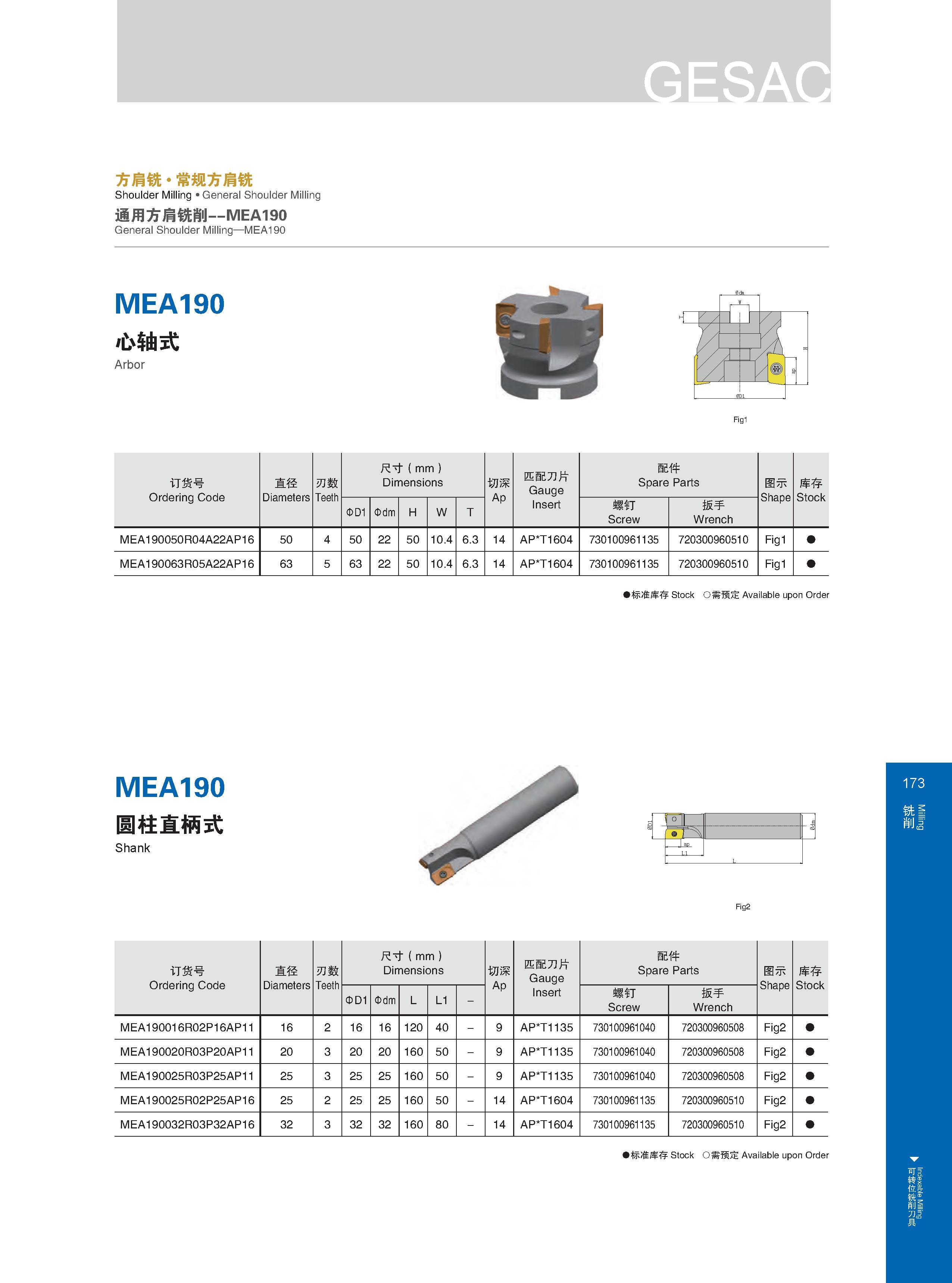 179 方肩铣 常规方肩铣 Shoulder Milling General Shoulder Milling 通用方肩铣削 MEA190 General Shoulder Milling MEA190 MEA190 心轴式 Arbor Fig1 订货号 Ordering Code Обозначение инс Каталог GESAC 2015 Металлорежущий инструмент для промышленного станочного оборудования Токарные резцы со сменными режущими пластинами Фрезы сборные и монолитные Сверла Стр. 173