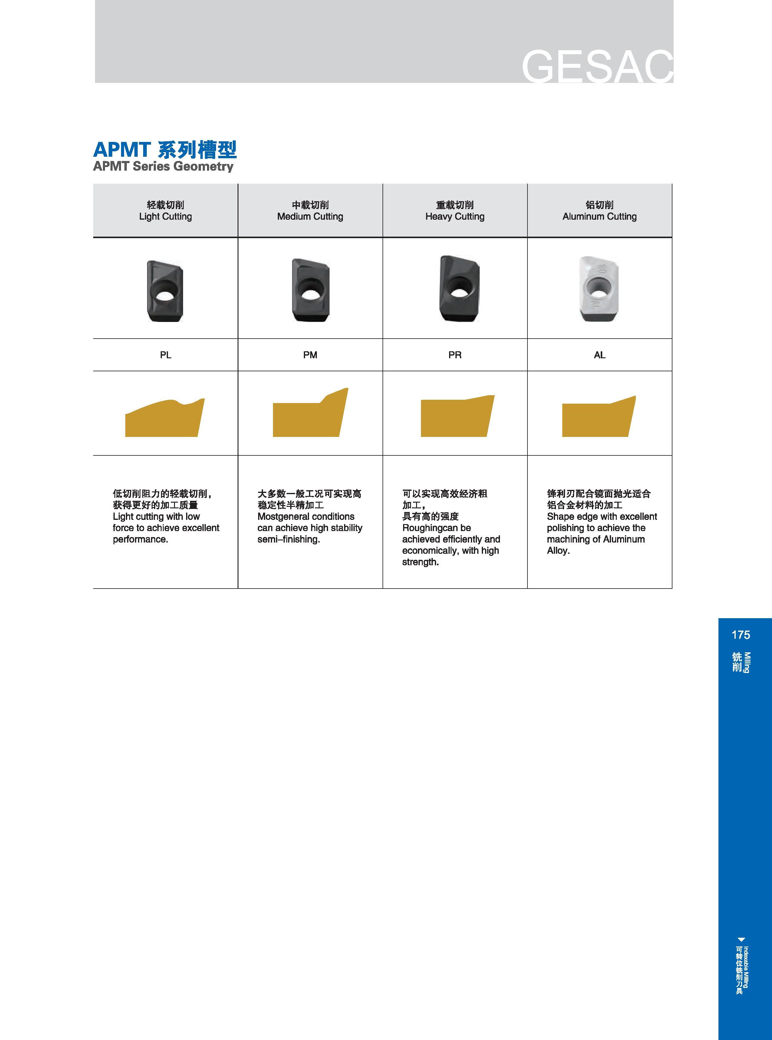181 APMT系列槽型 APMT Series Geometry 轻载切削 Light Cutting 中载切削 Medium Cutting 重载切削 Heavy Cutting 铝切削 Aluminum Cutting 1 9 6 Is m PL PM PR AL 痛 m m 低切削阻力的轻载切削， 获得更 Каталог GESAC 2015 Металлорежущий инструмент для промышленного станочного оборудования Токарные резцы со сменными режущими пластинами Фрезы сборные и монолитные Сверла Стр. 175