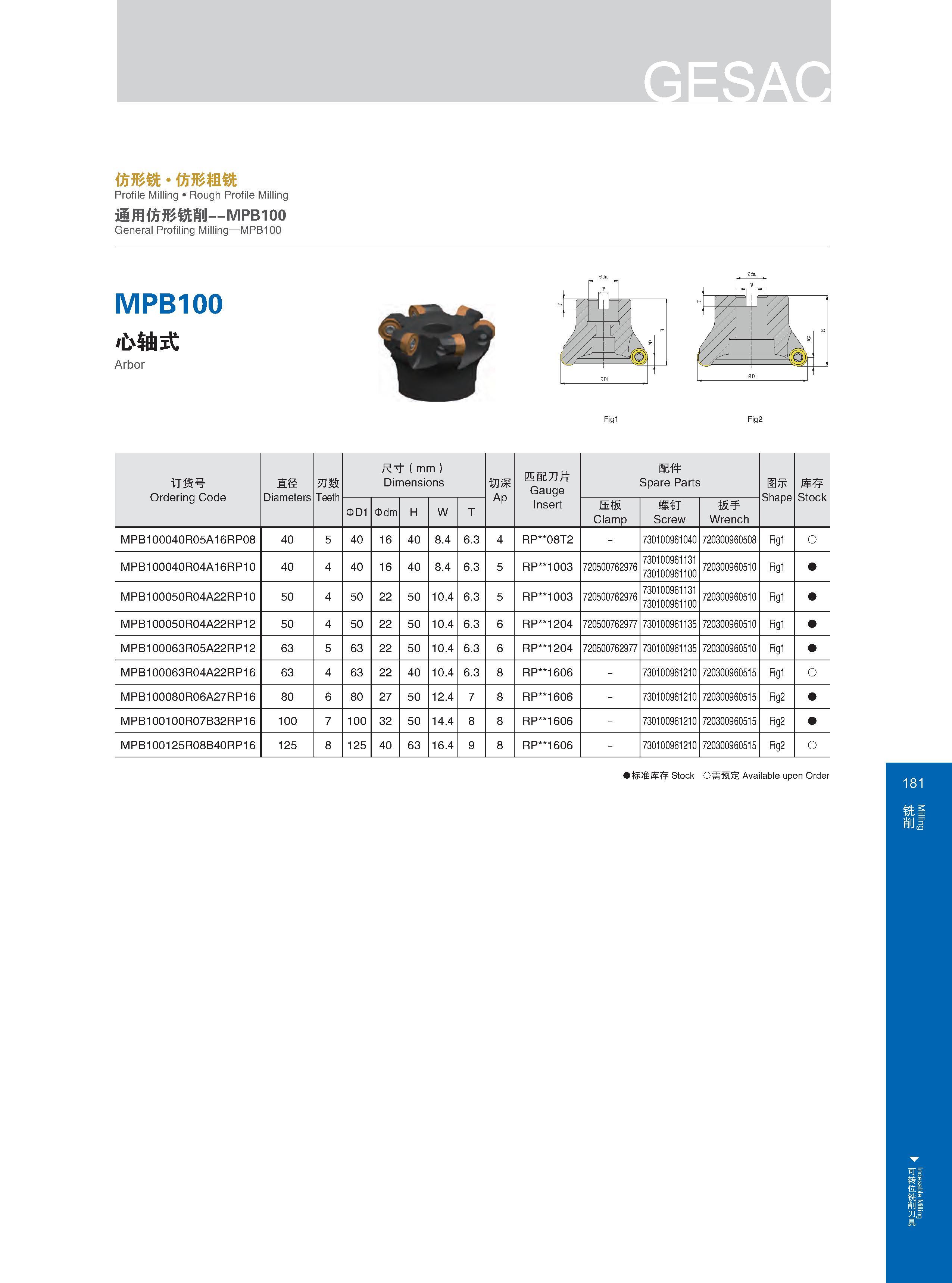 187 仿形铣 仿形粗铣 Profile Milling Rough Profile Milling 通用仿形铣削 MPB100 General Profiling Milling MPB100 MPB100 心轴式 Arbor 订货号 Ordering Code Обозначение инструмента Каталог GESAC 2015 Металлорежущий инструмент для промышленного станочного оборудования Токарные резцы со сменными режущими пластинами Фрезы сборные и монолитные Сверла Стр. 181