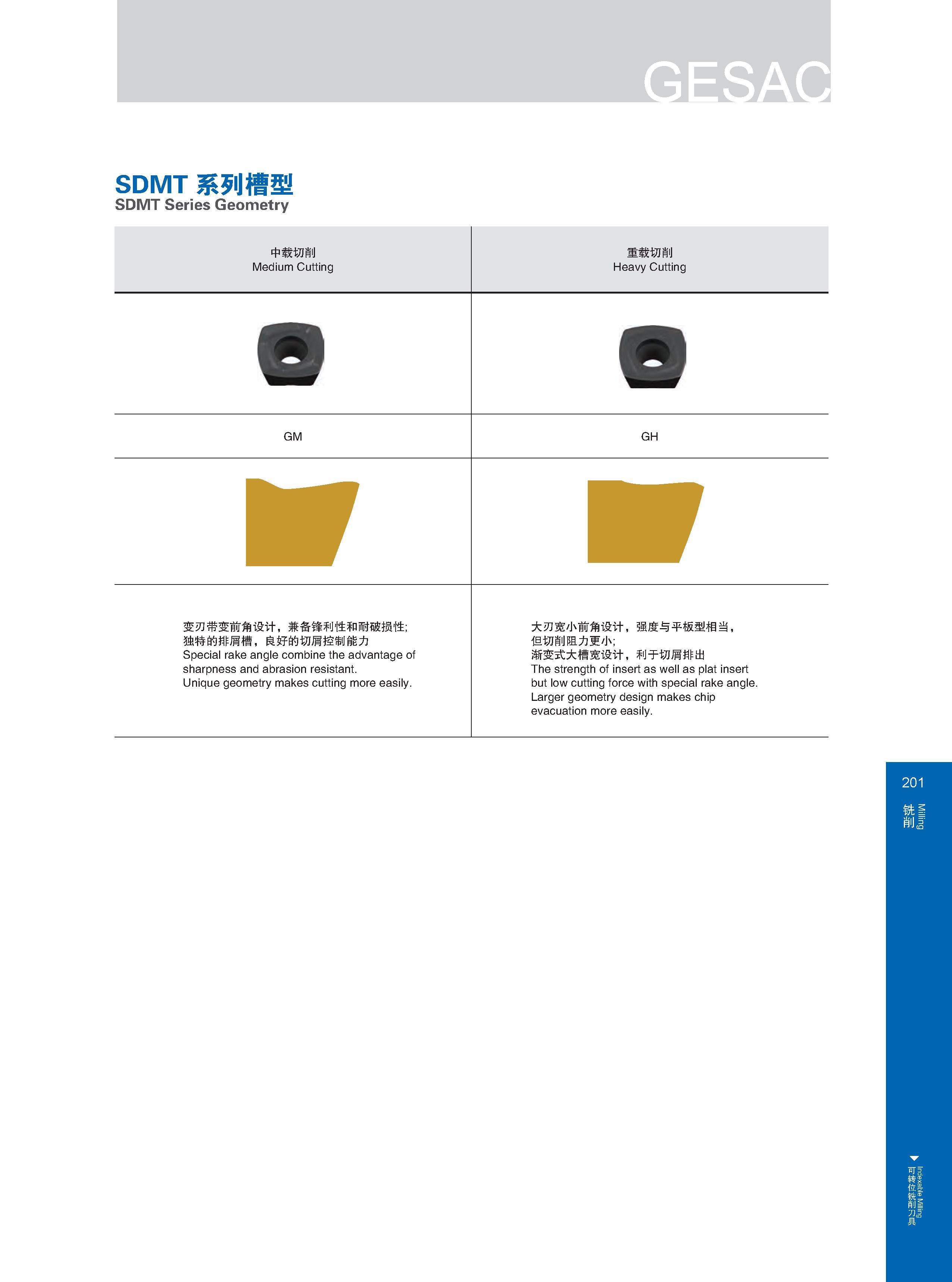 207 SDMT系列槽型 SDMT Series Geometry 中载切削 Medium Cutting 重载切削 Heavy Cutting M J GM GH m m 变刃带变前角设计，兼备锋利性和耐破损性； 独特的排屑槽，良好的切屑控制能力 Special rake angle combine the a Каталог GESAC 2015 Металлорежущий инструмент для промышленного станочного оборудования Токарные резцы со сменными режущими пластинами Фрезы сборные и монолитные Сверла Стр. 201